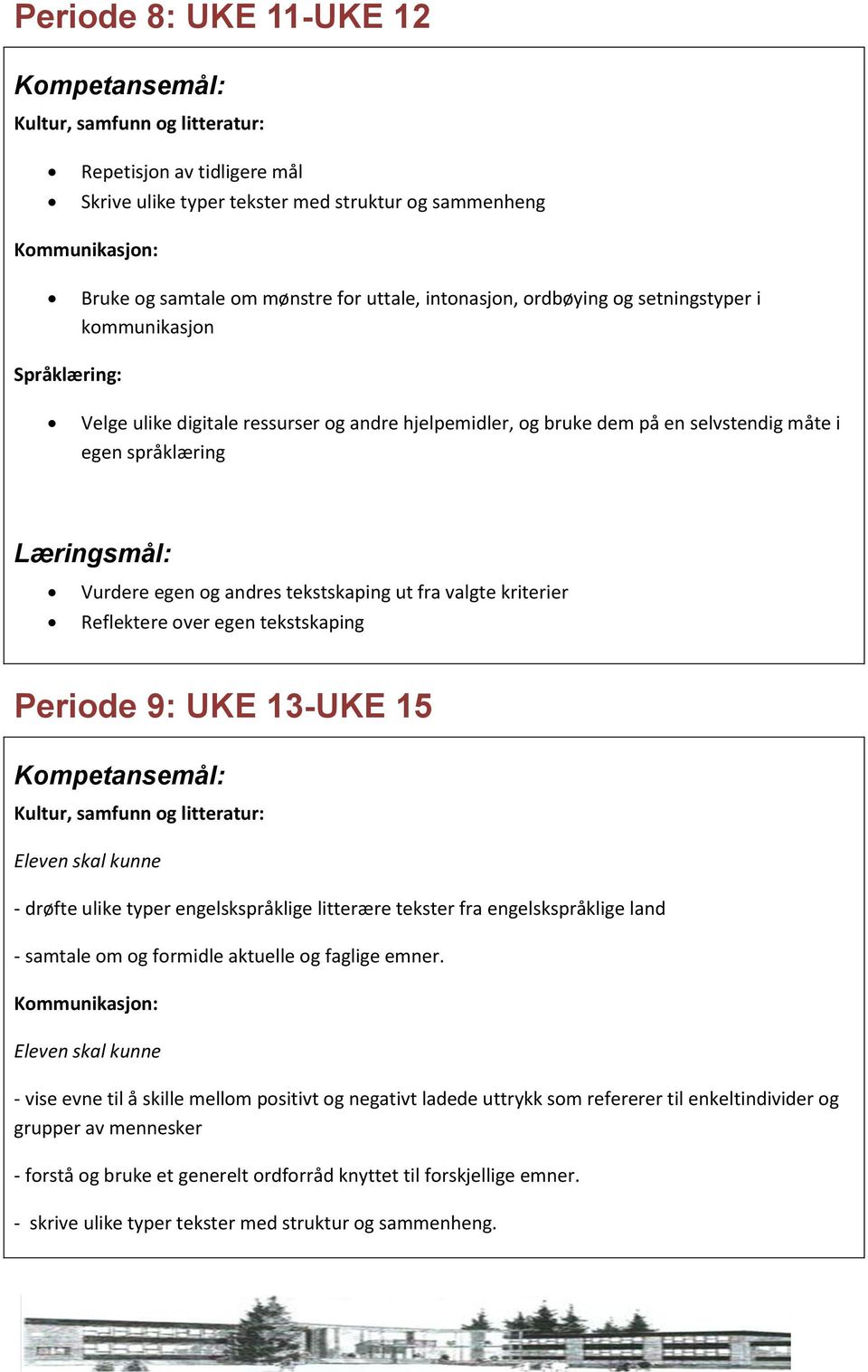 egen tekstskaping Periode 9: UKE 13-UKE 15 - drøfte ulike typer engelskspråklige litterære tekster fra engelskspråklige land - samtale om og formidle aktuelle og faglige emner.