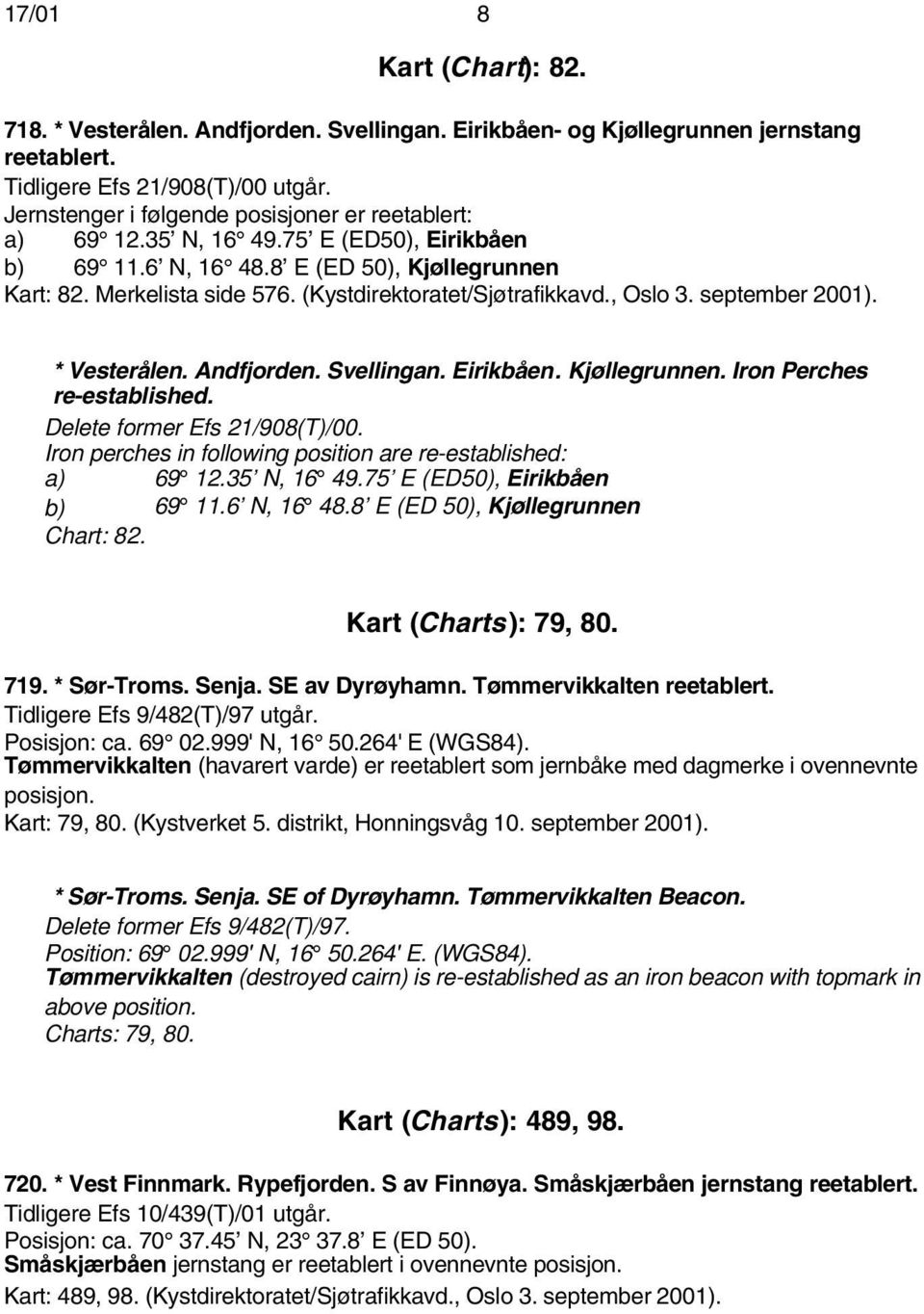 (Kystdirektoratet/Sjøtrafikkavd., Oslo 3. september 2001). * Vesterålen. Andfjorden. Svellingan. Eirikbåen. Kjøllegrunnen. Iron Perches re-established. Delete former Efs 21/908(T)/00.