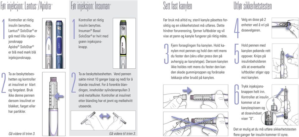 Bruk ikke denne pennen dersom insulinet er blakket, farget eller har partikler. Kontroller at riktig insulin benyttes. Insuman Basal SoloStar er hvit med grønn injeksjonsknapp.