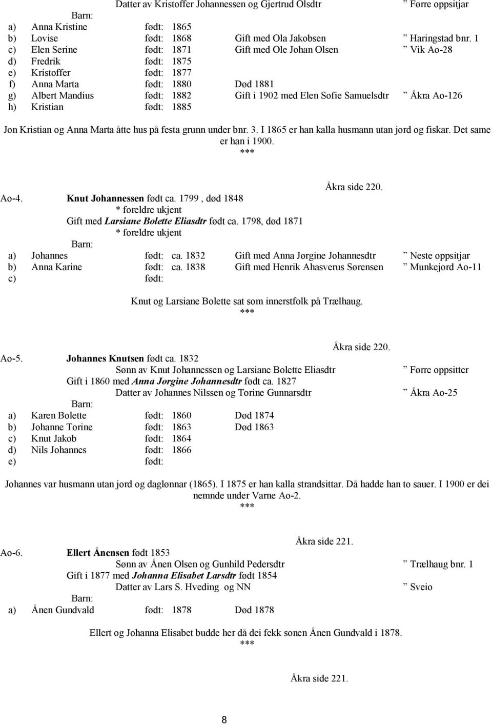 Samuelsdtr Åkra Ao-126 h) Kristian født: 1885 Jon Kristian og Anna Marta åtte hus på festa grunn under bnr. 3. I 1865 er han kalla husmann utan jord og fiskar. Det same er han i 1900. Åkra side 220.