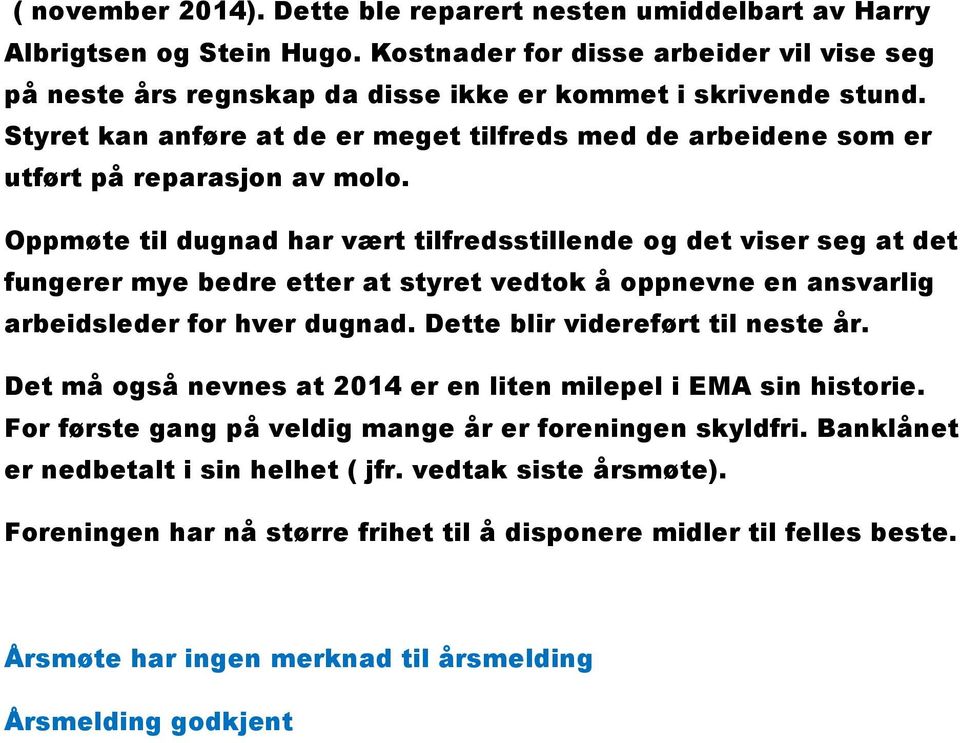 Oppmøte til dugnad har vært tilfredsstillende og det viser seg at det fungerer mye bedre etter at styret vedtok å oppnevne en ansvarlig arbeidsleder for hver dugnad.