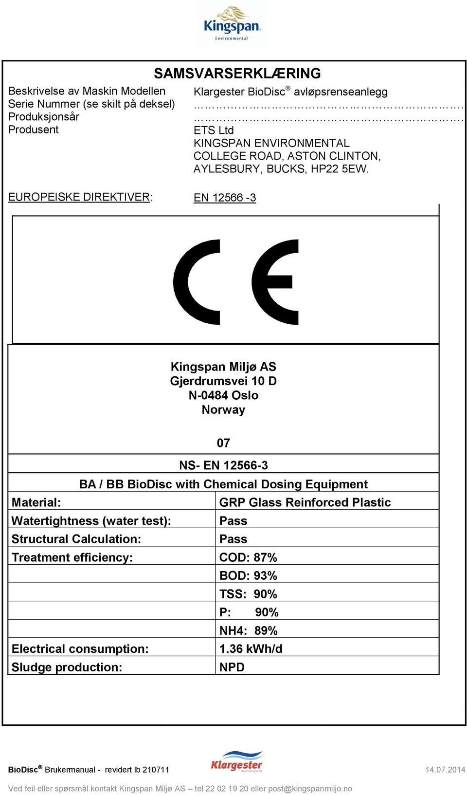 EUROPEISKE DIREKTIVER: EN 12566-3 Kingspan Miljø AS Gjerdrumsvei 10 D N-0484 Oslo Norway 07 NS- EN 12566-3 BA / BB BioDisc with Chemical Dosing