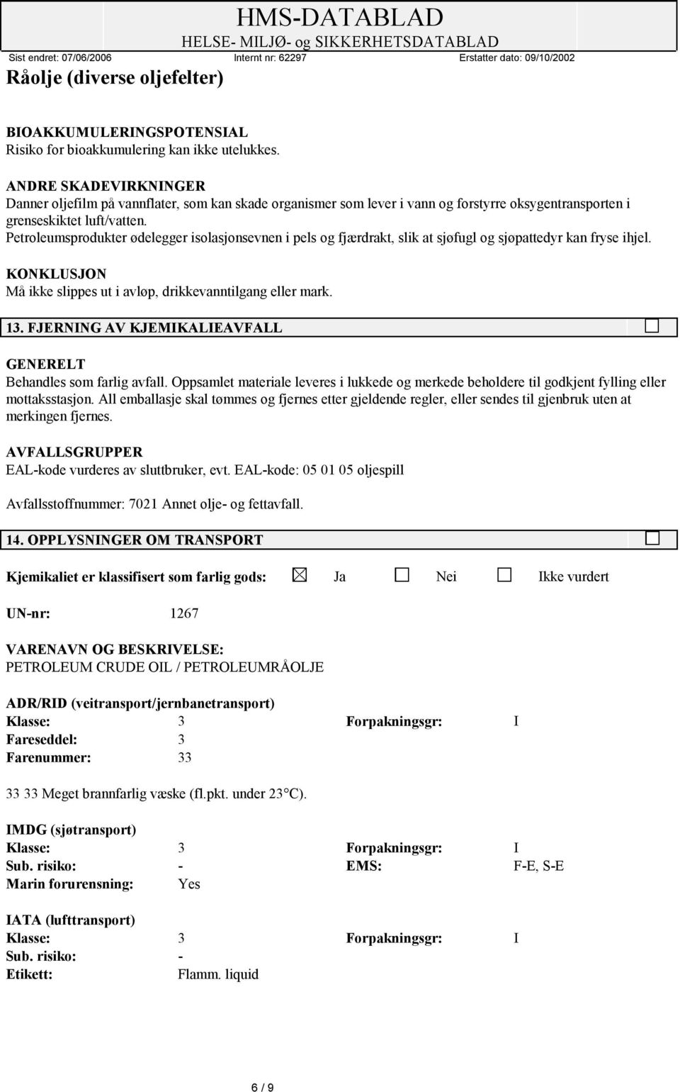 Petroleumsprodukter ødelegger isolasjonsevnen i pels og fjærdrakt, slik at sjøfugl og sjøpattedyr kan fryse ihjel. KONKLUSJON Må ikke slippes ut i avløp, drikkevanntilgang eller mark. 13.