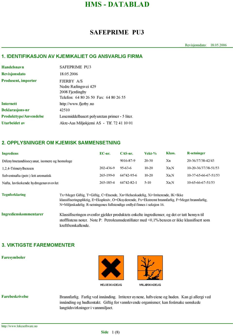 R-setninger Difenylmetandiisocyanat, isomere og homologe 1,2,4-Trimetylbenzen Solventnafta (petr.