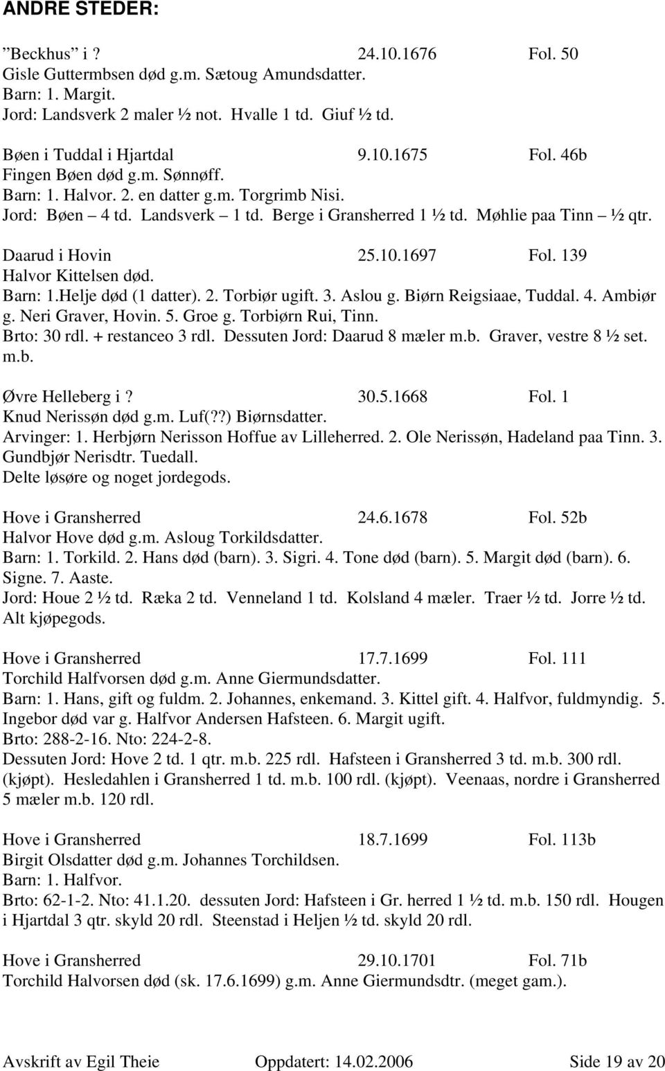 139 Halvor Kittelsen død. Barn: 1.Helje død (1 datter). 2. Torbiør ugift. 3. Aslou g. Biørn Reigsiaae, Tuddal. 4. Ambiør g. Neri Graver, Hovin. 5. Groe g. Torbiørn Rui, Tinn. Brto: 30 rdl.