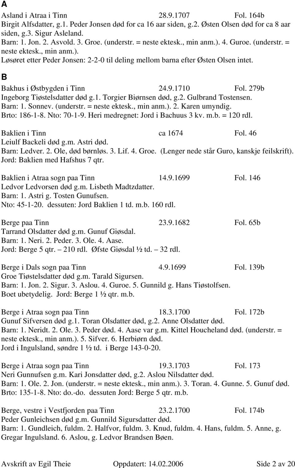 B Bakhus i Østbygden i Tinn 24.9.1710 Fol. 279b Ingeborg Tiøstelsdatter død g.1. Torgier Biørnsen død, g.2. Gulbrand Tostensen. Barn: 1. Sonnev. (understr. = neste ektesk., min anm.). 2. Karen umyndig.