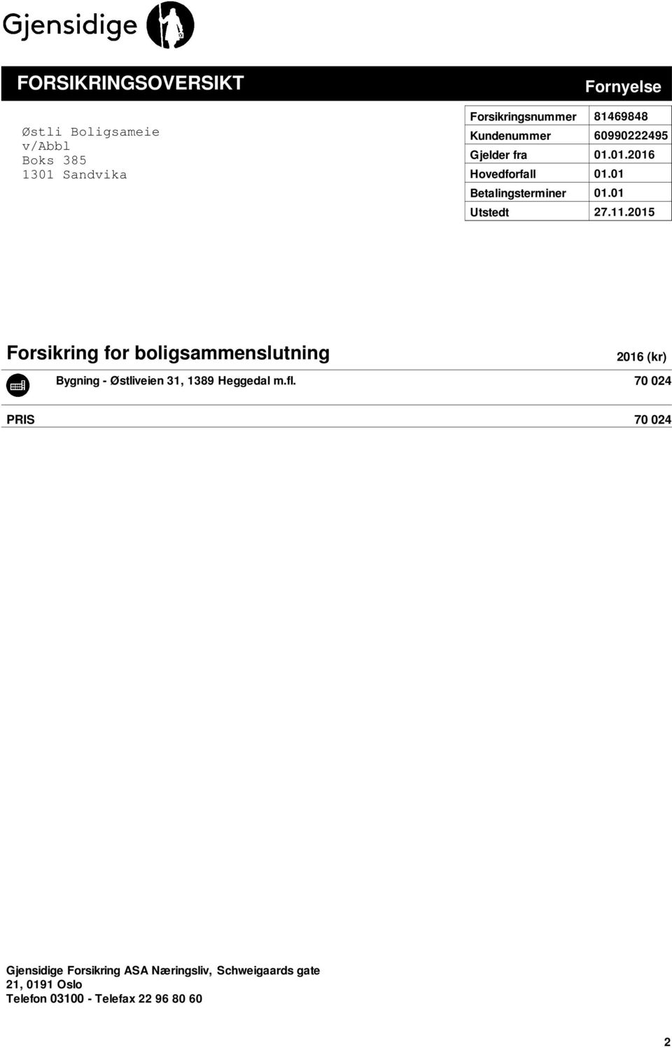 2015 Forsikring for boligsammenslutning 2016 (kr) Bygning - Østliveien 31, 1389 Heggedal m.fl.