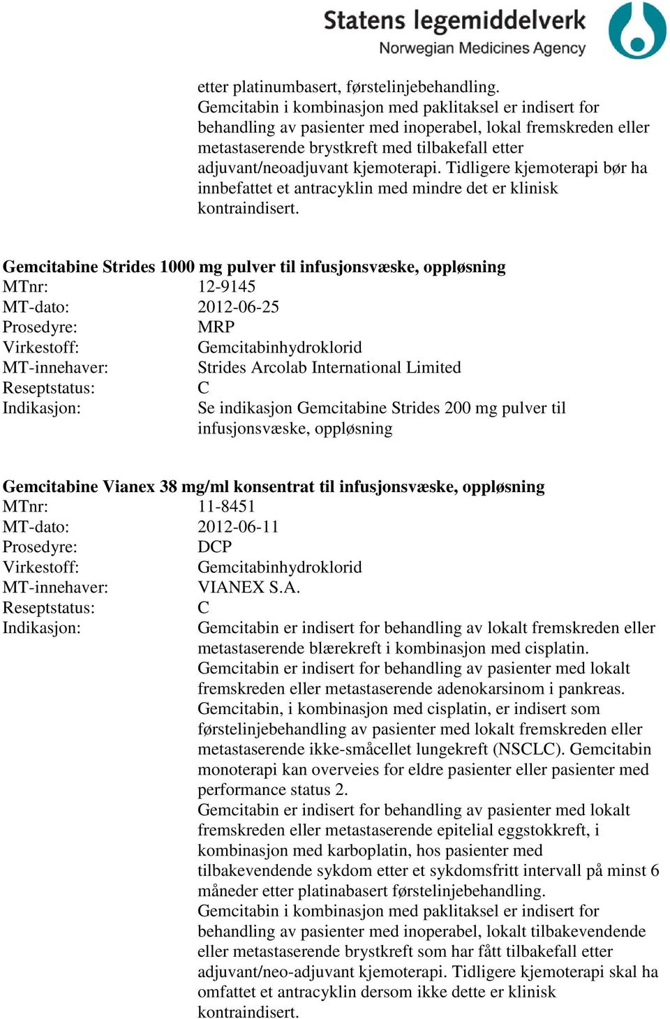 kjemoterapi. Tidligere kjemoterapi bør ha innbefattet et antracyklin med mindre det er klinisk kontraindisert.