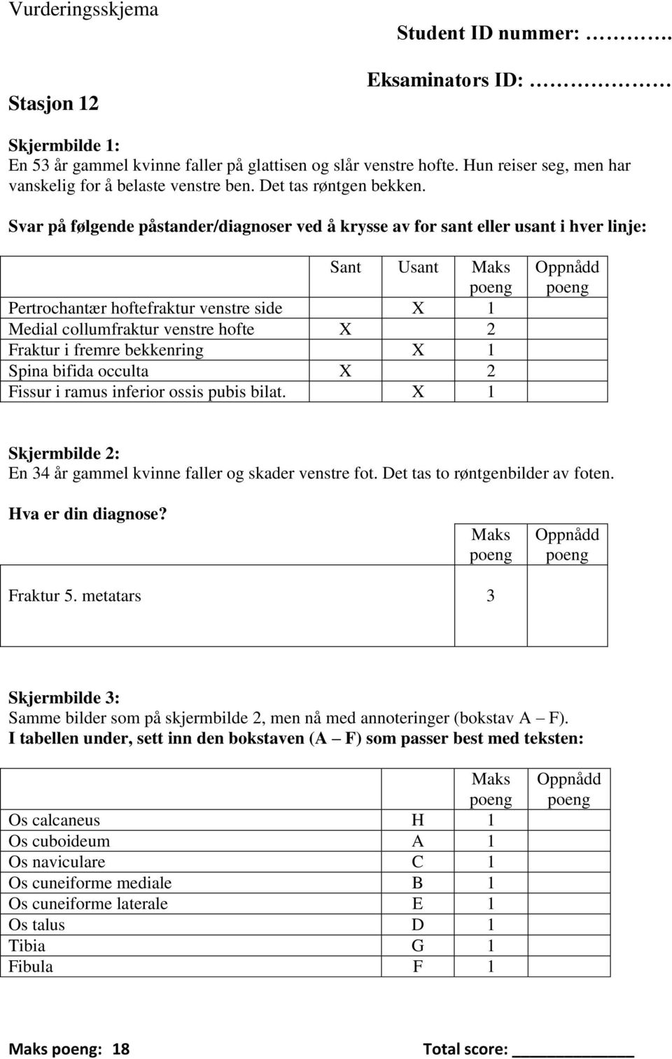 Svar på følgende påstander/diagnoser ved å krysse av for sant eller usant i hver linje: Sant Usant Maks poeng Pertrochantær hoftefraktur venstre side X 1 Medial collumfraktur venstre hofte X 2