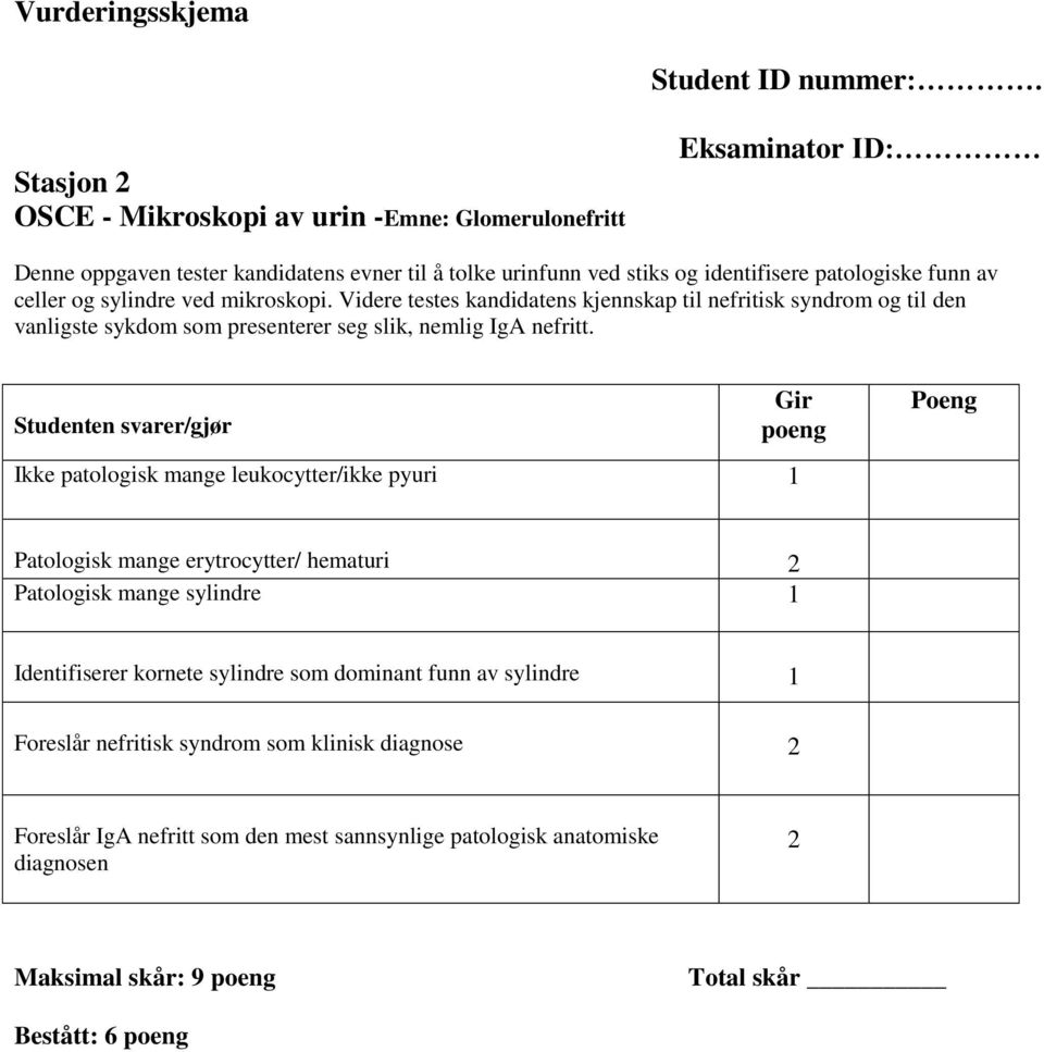 sylindre ved mikroskopi. Videre testes kandidatens kjennskap til nefritisk syndrom og til den vanligste sykdom som presenterer seg slik, nemlig IgA nefritt.