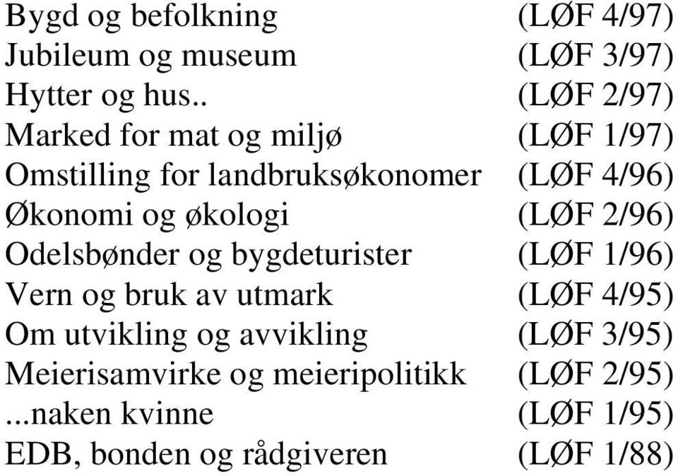 økologi (LØF 2/96) Odelsbønder og bygdeturister (LØF 1/96) Vern og bruk av utmark (LØF 4/95) Om