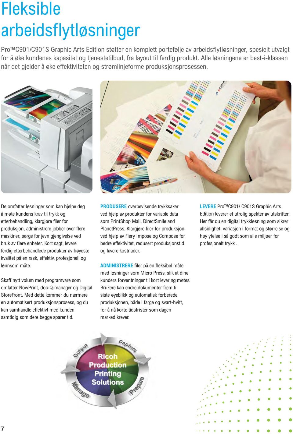 De omfatter løsninger som kan hjelpe deg å møte kundens krav til trykk og etterbehandling, klargjøre filer for produksjon, administrere jobber over flere maskiner, sørge for jevn gjengivelse ved bruk