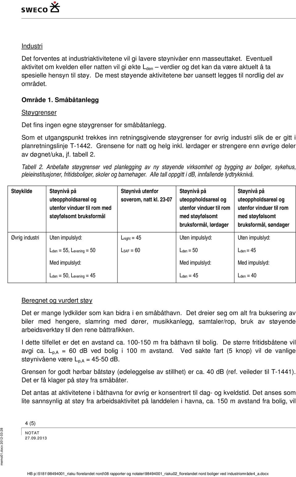 De mest støyende aktivitetene bør uansett legges til nordlig del av området. Område 1. Småbåtanlegg Støygrenser Det fins ingen egne støygrenser for småbåtanlegg.