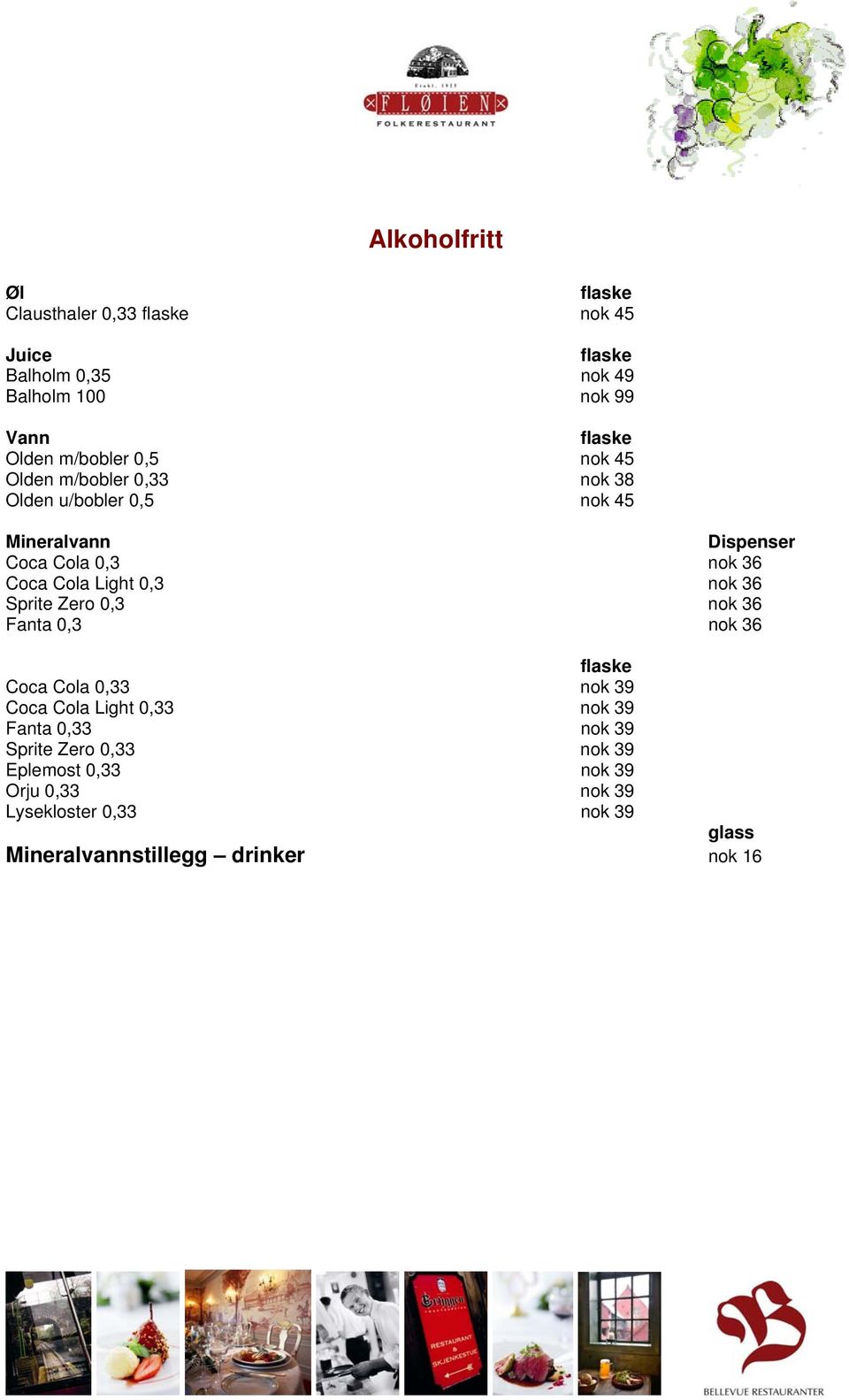 nok 36 Sprite Zero 0,3 nok 36 Fanta 0,3 nok 36 Coca Cola 0,33 nok 39 Coca Cola Light 0,33 nok 39 Fanta 0,33 nok 39