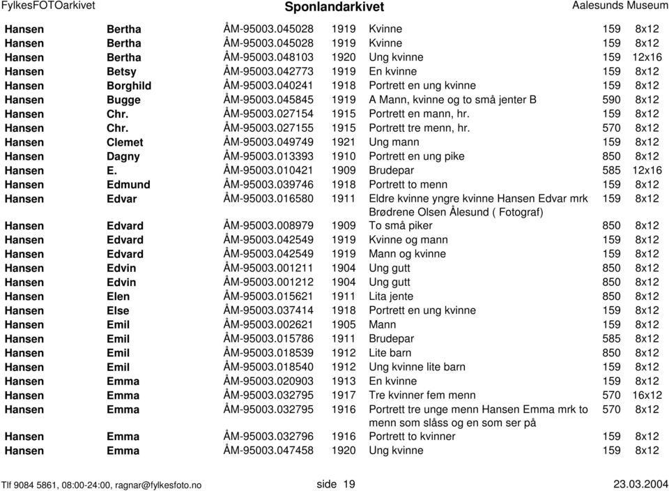 159 8x12 Hansen Chr. ÅM-95003.027155 1915 Portrett tre menn, hr. 570 8x12 Hansen Clemet ÅM-95003.049749 1921 Ung mann 159 8x12 Hansen Dagny ÅM-95003.013393 1910 Portrett en ung pike 850 8x12 Hansen E.