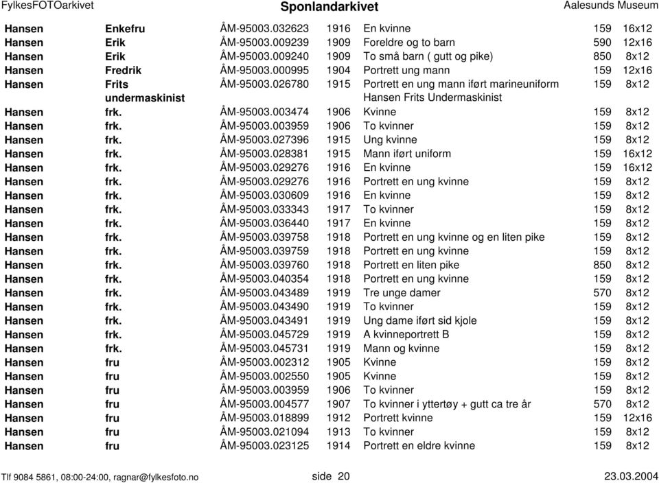 026780 1915 Portrett en ung mann iført marineuniform 159 8x12 undermaskinist Hansen Frits Undermaskinist Hansen frk. ÅM-95003.003474 1906 Kvinne 159 8x12 Hansen frk. ÅM-95003.003959 1906 To kvinner 159 8x12 Hansen frk.