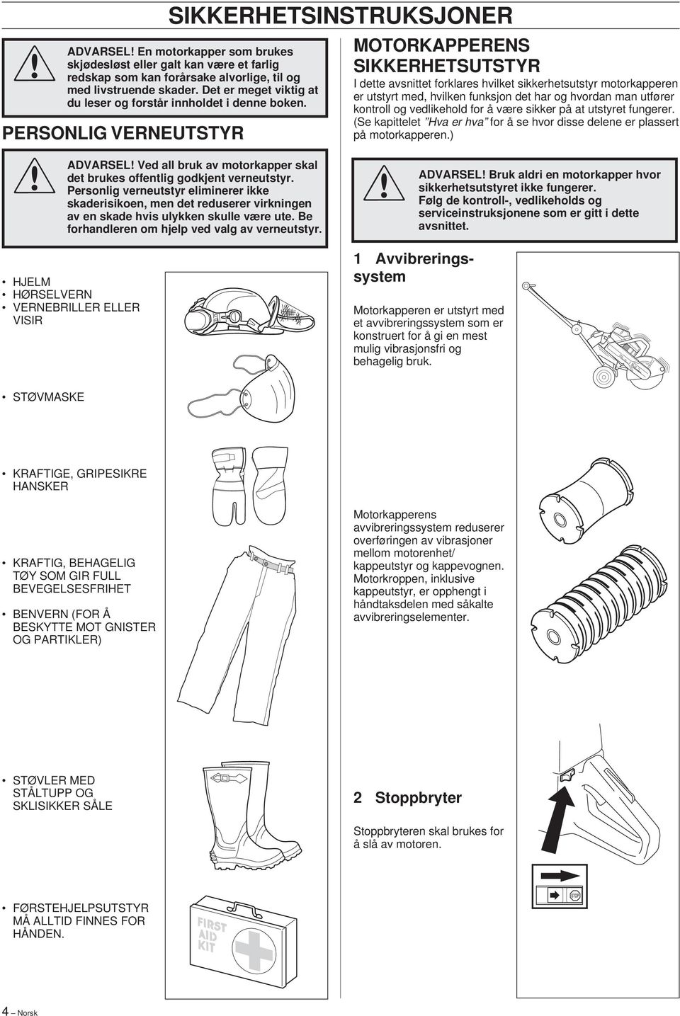 PERSONLIG VERNEUTSTYR MOTORKAPPERENS SIKKERHETSUTSTYR I dette avsnittet forklares hvilket sikkerhetsutstyr motorkapperen er utstyrt med, hvilken funksjon det har og hvordan man utfører kontroll og