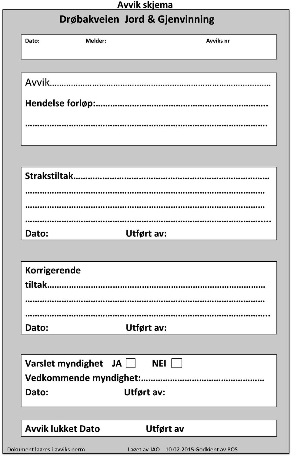 Utført av: Varsletmyndighet JA NEI Vedkommendemyndighet: Dato: Utført av: