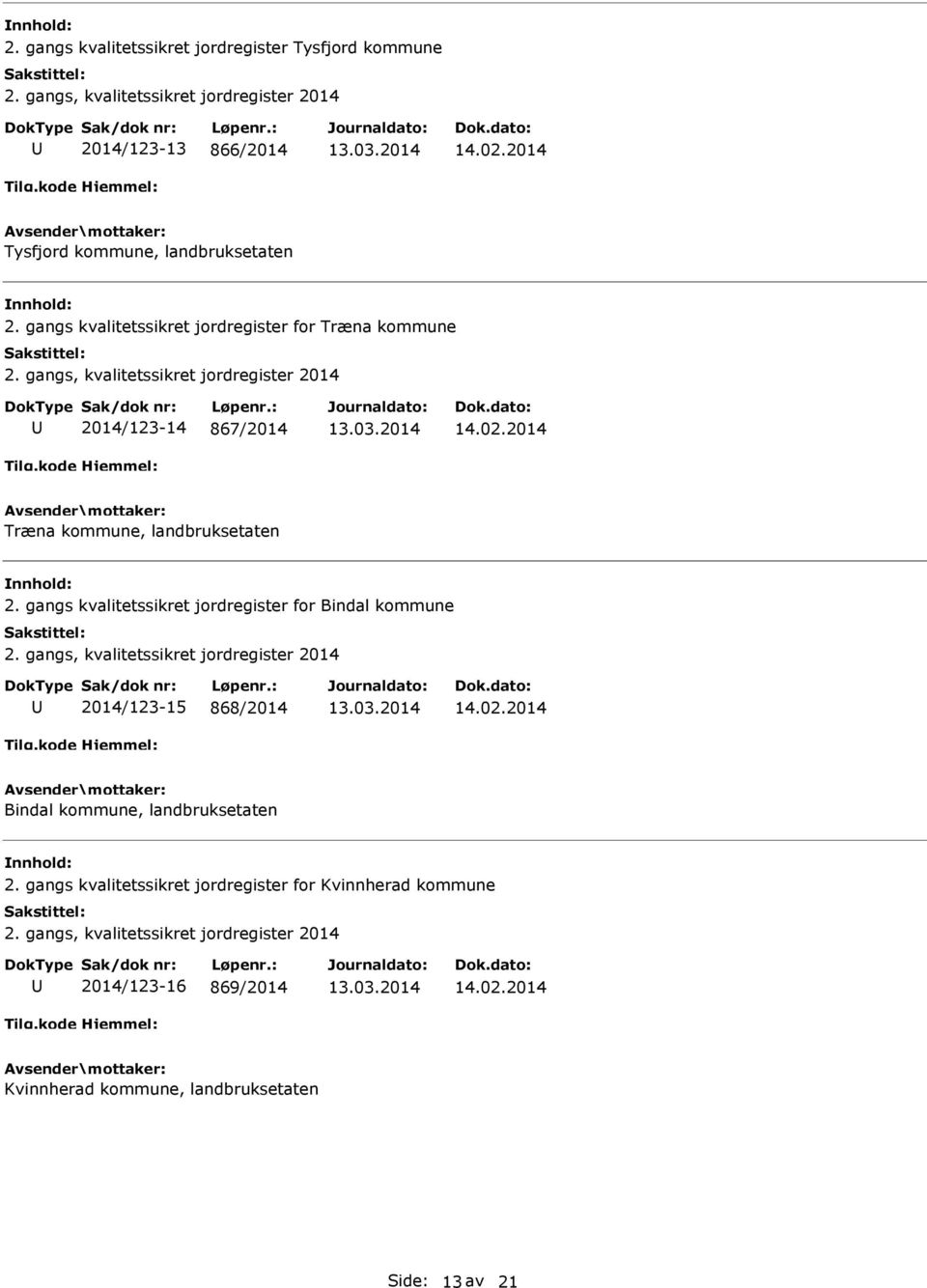 gangs kvalitetssikret jordregister for Bindal kommune 2014/123-15 868/2014 Bindal kommune, landbruksetaten 2.