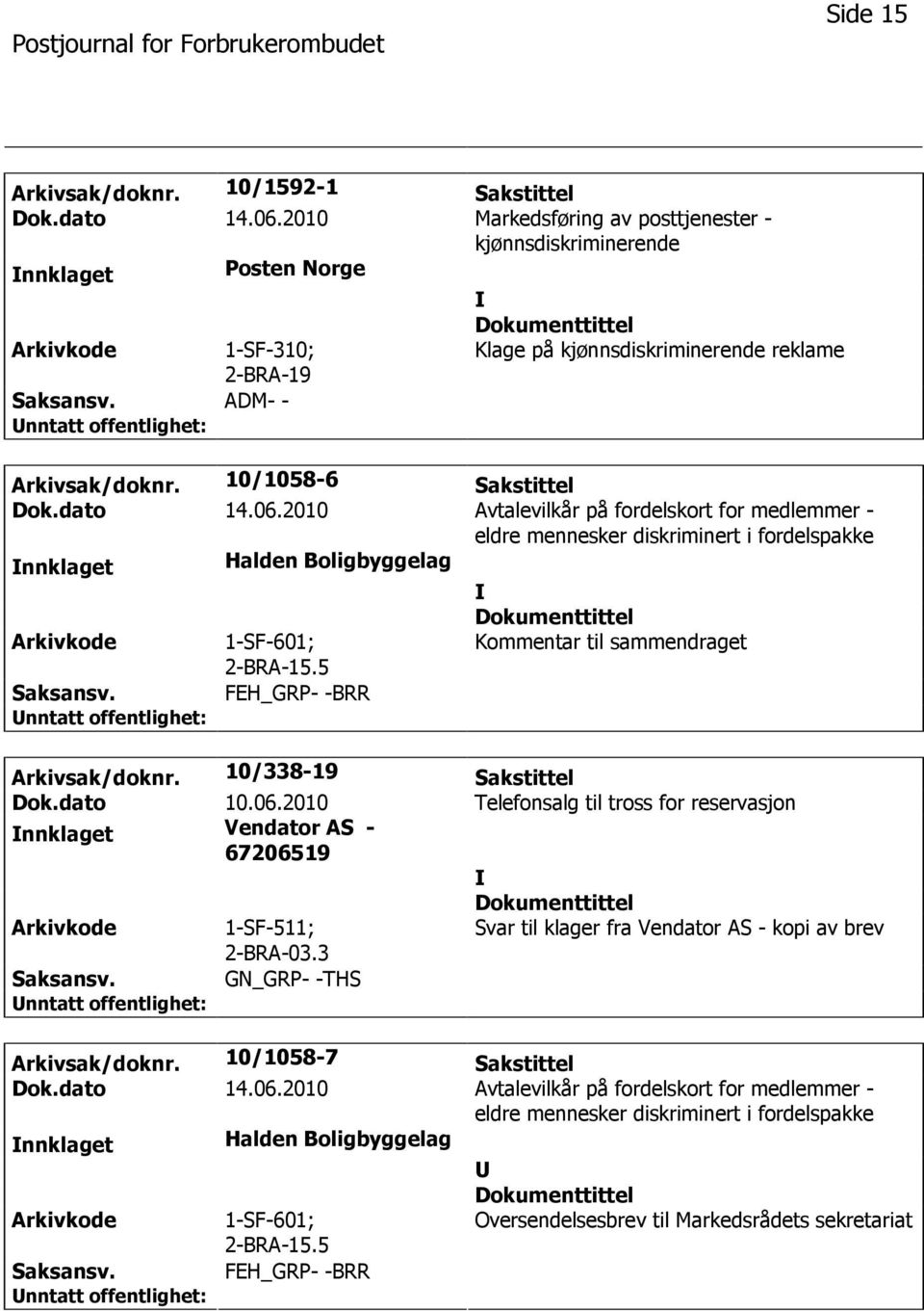 2010 Avtalevilkår på fordelskort for medlemmer - eldre mennesker diskriminert i fordelspakke nnklaget Halden Boligbyggelag 1-SF-601; 2-BRA-15.5 Kommentar til sammendraget FEH_GRP- -BRR Arkivsak/doknr.