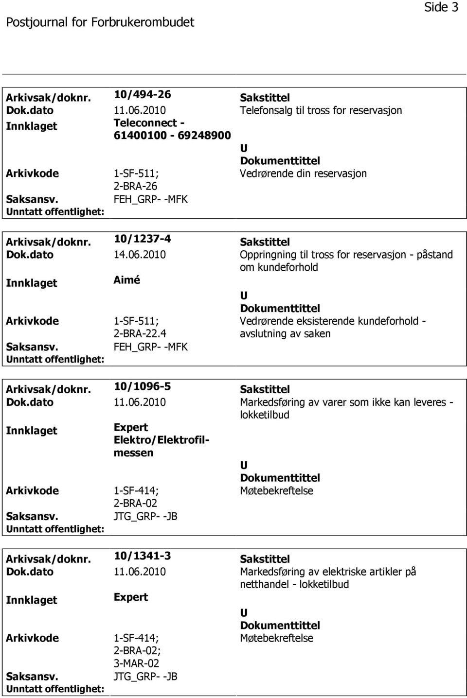 2010 Oppringning til tross for reservasjon - påstand om kundeforhold nnklaget Aimé 1-SF-511; 2-BRA-22.4 FEH_GRP- -MFK Vedrørende eksisterende kundeforhold - avslutning av saken Arkivsak/doknr.