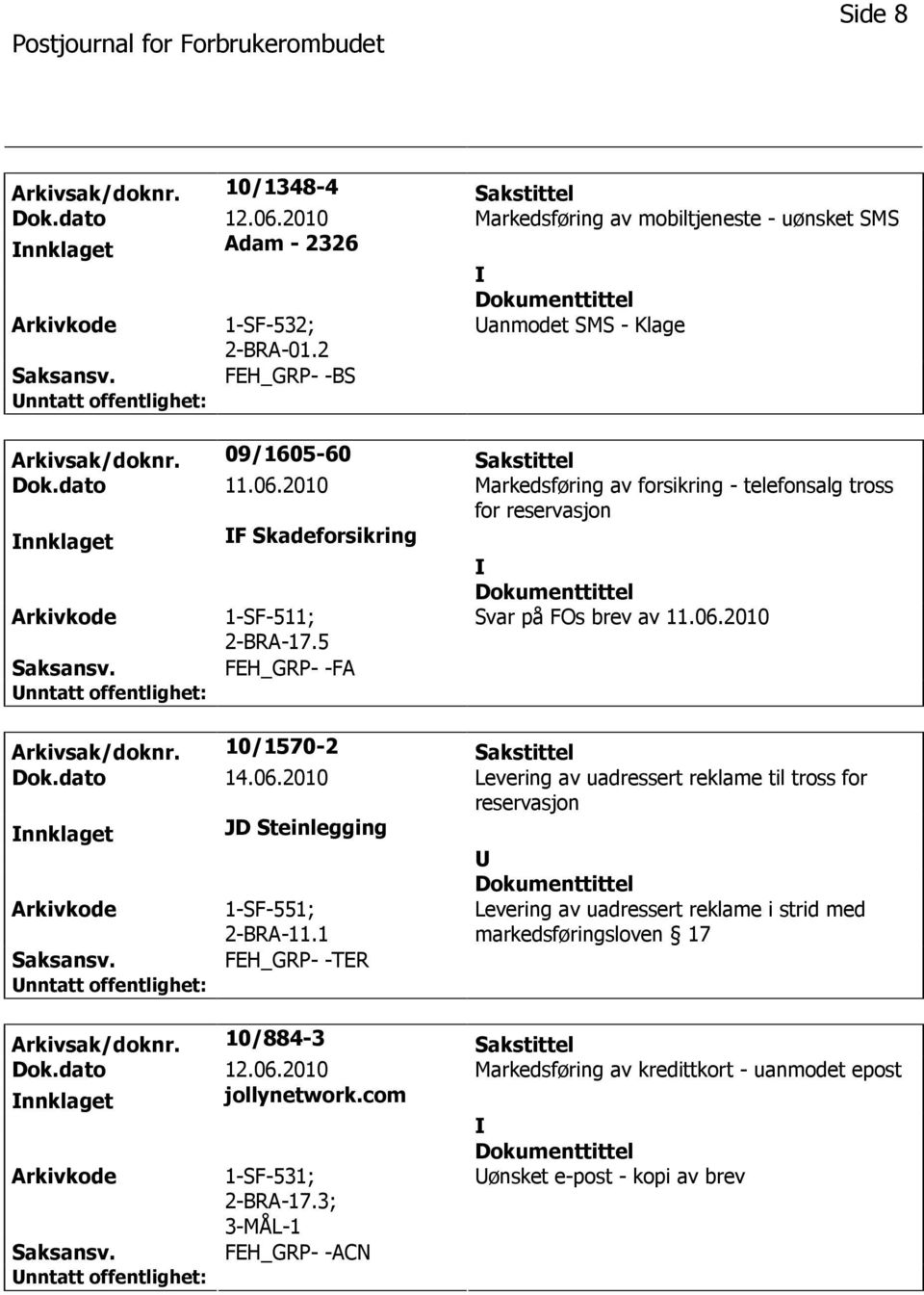 10/1570-2 Sakstittel Dok.dato 14.06.2010 Levering av uadressert reklame til tross for reservasjon nnklaget JD Steinlegging 1-SF-551; 2-BRA-11.