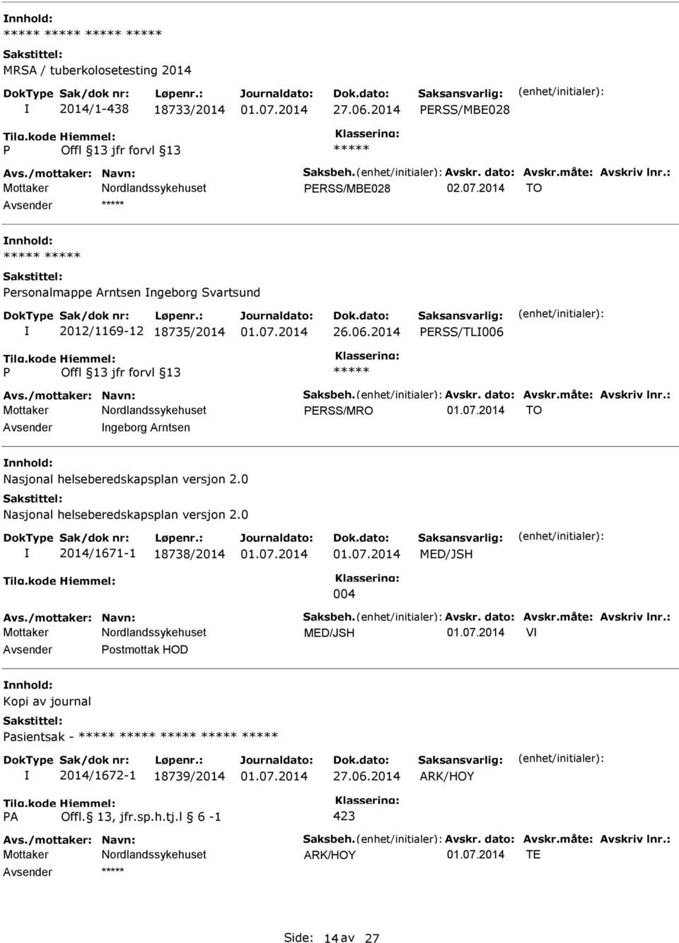 : ERSS/MRO TO ngeborg Arntsen Nasjonal helseberedskapsplan versjon 2.0 Nasjonal helseberedskapsplan versjon 2.0 2014/1671-1 18738/2014 MED/JSH 004 Avs./mottaker: Navn: Saksbeh. Avskr.