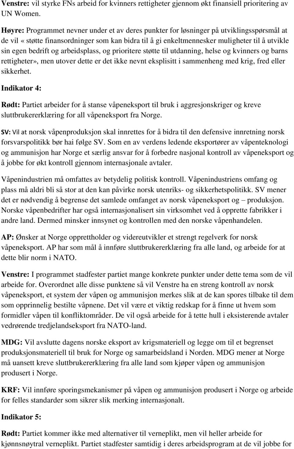 bedrift og arbeidsplass, og prioritere støtte til utdanning, helse og kvinners og barns rettigheter», men utover dette er det ikke nevnt eksplisitt i sammenheng med krig, fred eller sikkerhet.