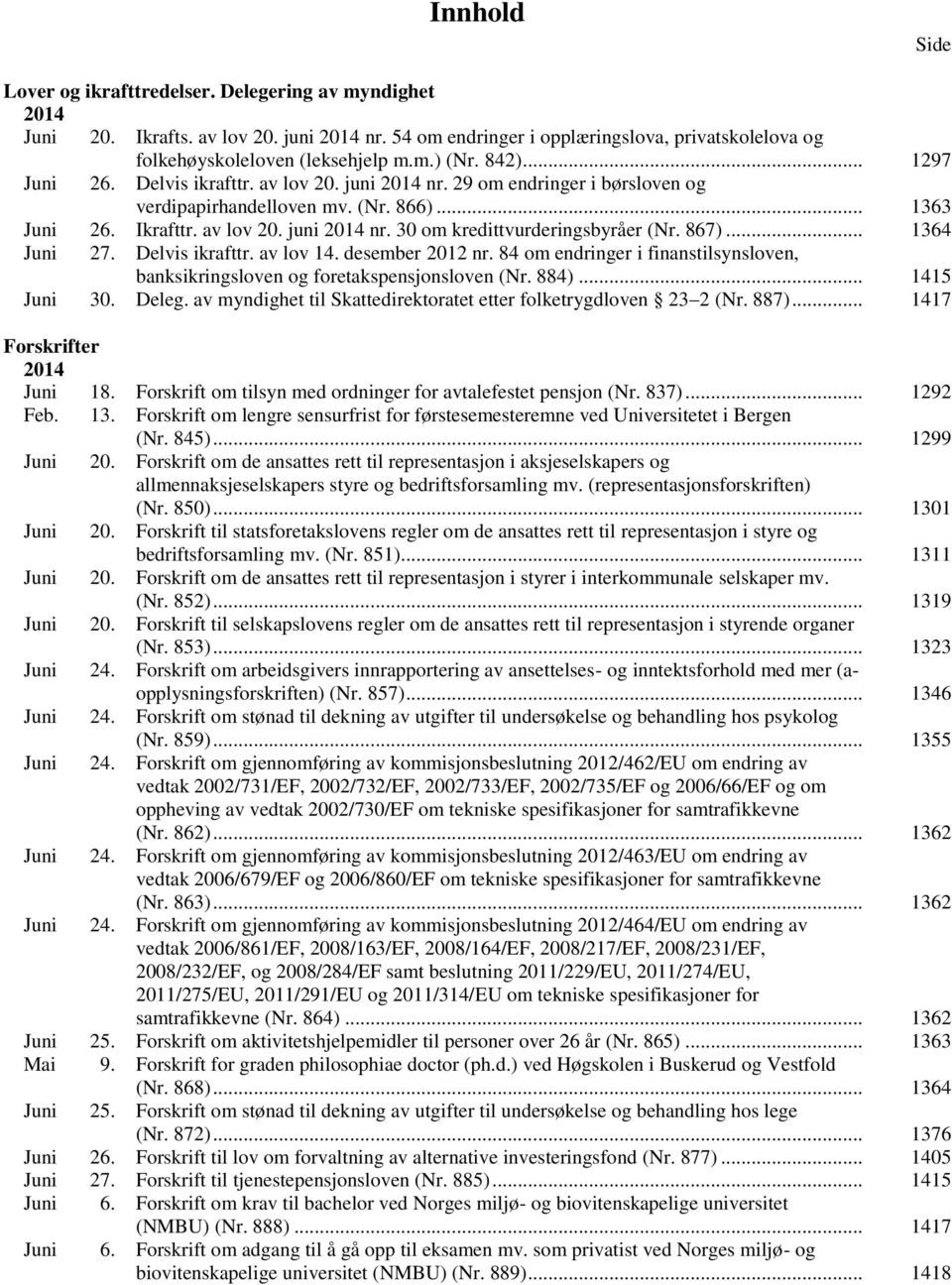 867)... 1364 Juni 27. Delvis ikrafttr. av lov 14. desember 2012 nr. 84 om endringer i finanstilsynsloven, banksikringsloven og foretakspensjonsloven (Nr. 884)... 1415 Juni 30. Deleg.