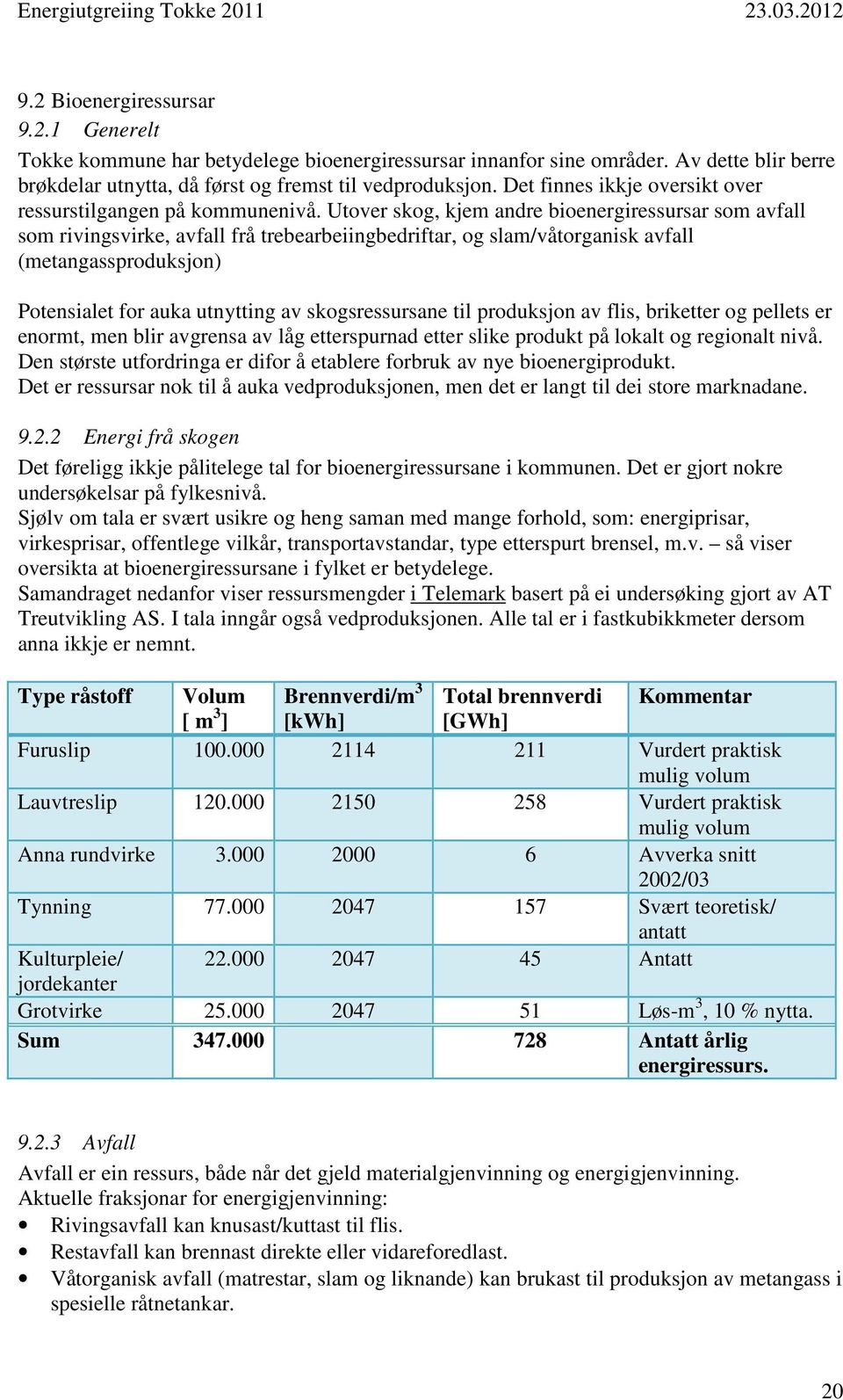 Utover skog, kjem andre bioenergiressursar som avfall som rivingsvirke, avfall frå trebearbeiingbedriftar, og slam/våtorganisk avfall (metangassproduksjon) Potensialet for auka utnytting av