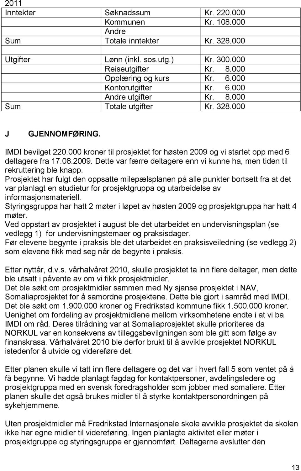 000 kroner til prosjektet for høsten 2009 og vi startet opp med 6 deltagere fra 17.08.2009. Dette var færre deltagere enn vi kunne ha, men tiden til rekruttering ble knapp.