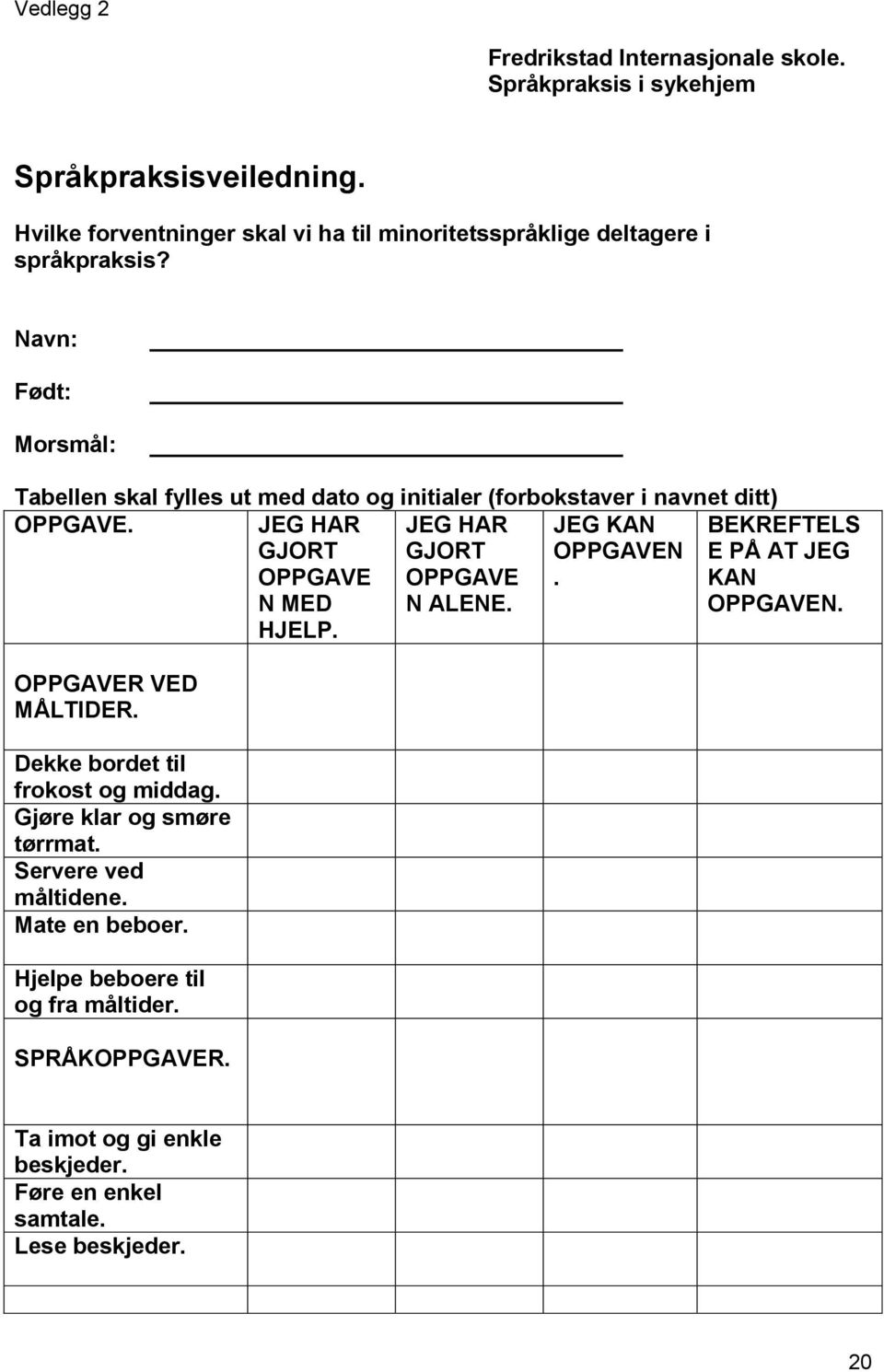 Navn: Født: Morsmål: Tabellen skal fylles ut med dato og initialer (forbokstaver i navnet ditt) OPPGAVE. JEG HAR GJORT OPPGAVE N MED HJELP.