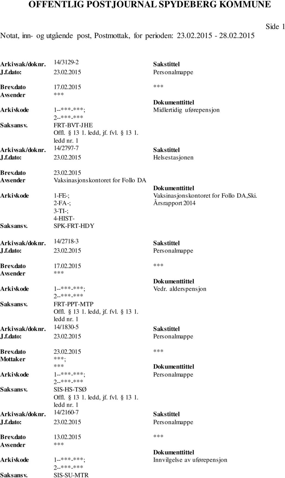 dato 17.02.2015 *** Vedr. alderspensjon FRT-PPT-MTP Arkivsak/doknr. 14/1830-5 Sakstittel J.f.dato: 23.02.2015 Personalmappe Brev.dato 23.02.2015 *** ; *** Personalmappe SIS-HS-TSØ Arkivsak/doknr.