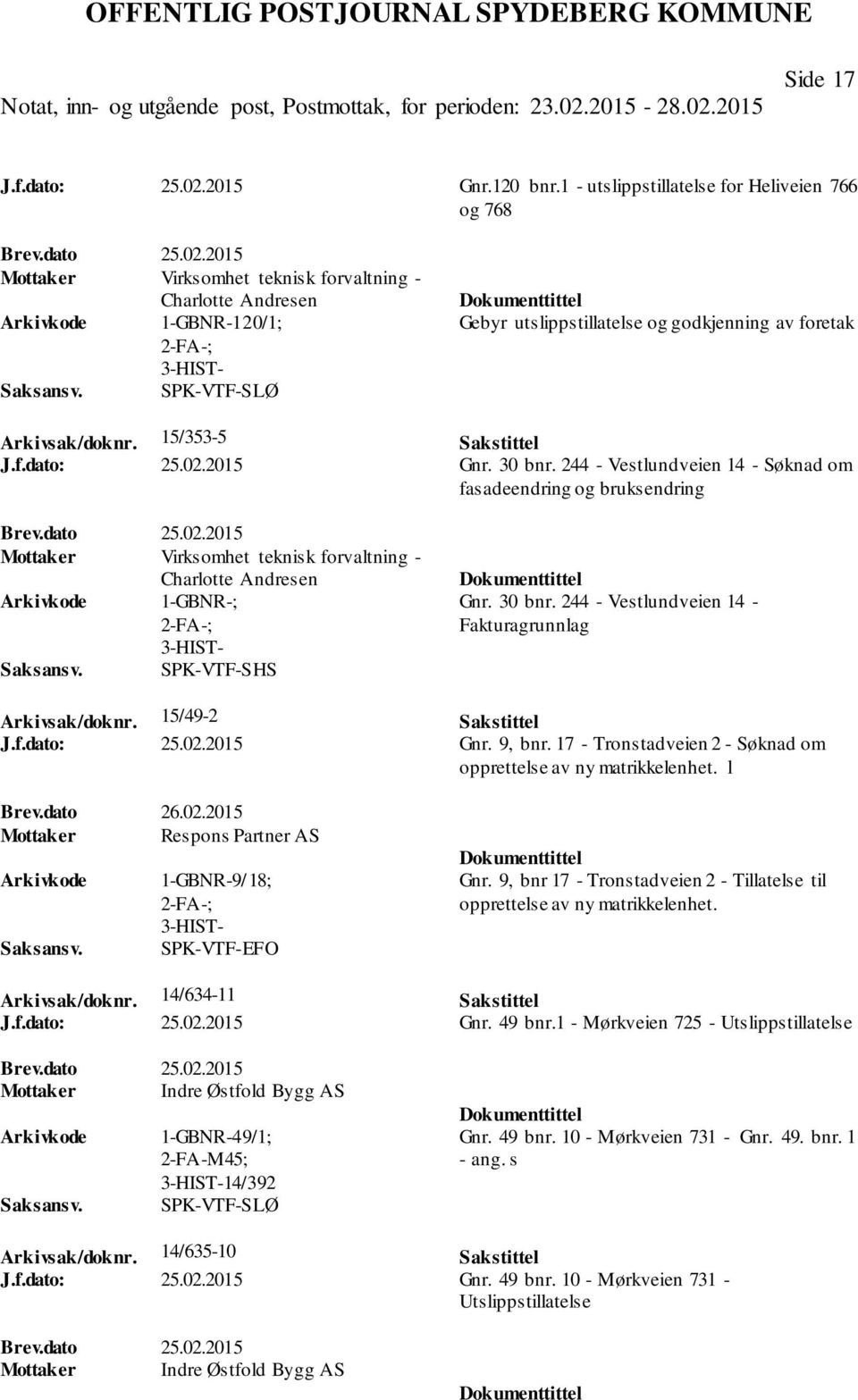 30 bnr. 244 - Vestlundveien 14 - Fakturagrunnlag Arkivsak/doknr. 15/49-2 Sakstittel J.f.dato: 25.02.2015 Gnr. 9, bnr. 17 - Tronstadveien 2 - Søknad om opprettelse av ny matrikkelenhet. l Brev.dato 26.