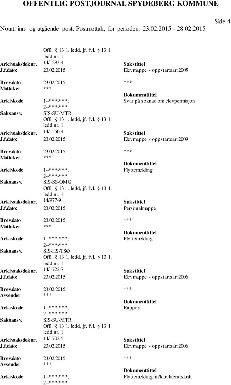 dato 23.02.2015 *** Flyttemelding SIS-HS-TSØ Arkivsak/doknr. 14/1722-7 Sakstittel J.f.dato: 23.02.2015 Elevmappe - oppstartsår: 2006 Brev.dato 23.02.2015 *** Rapport SIS-SU-MTR Arkivsak/doknr.