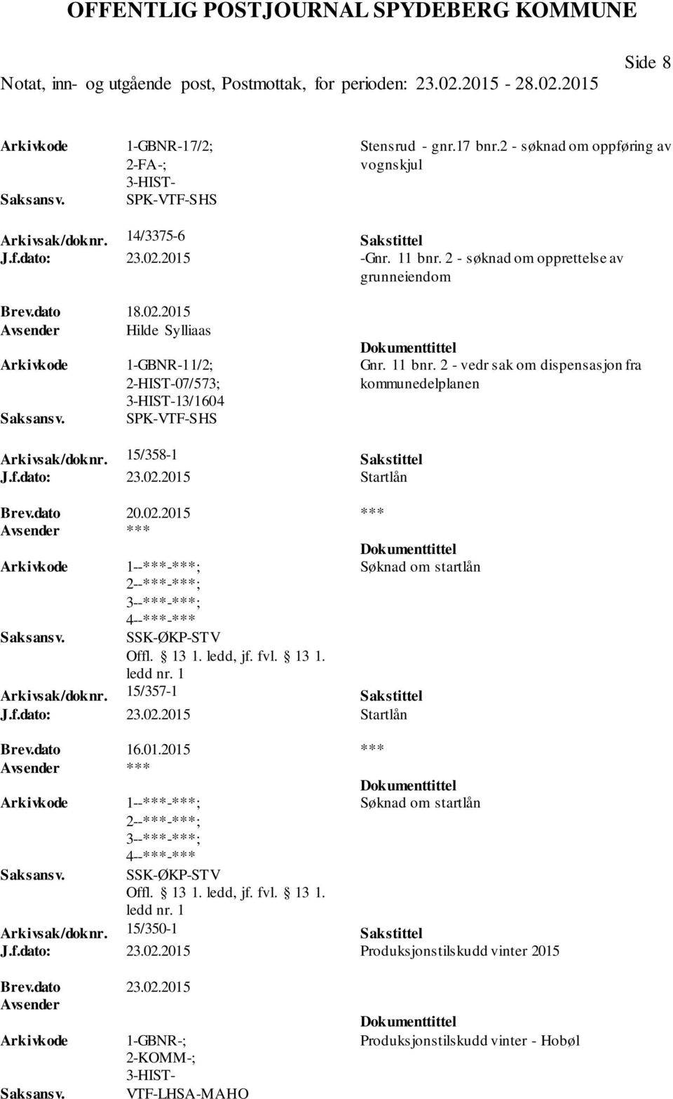 2 - vedr sak om dispensasjon fra kommunedelplanen Arkivsak/doknr. 15/358-1 Sakstittel J.f.dato: 23.02.2015 Startlån Brev.dato 20.02.2015 *** ; SSK-ØKP-STV Søknad om startlån Arkivsak/doknr.