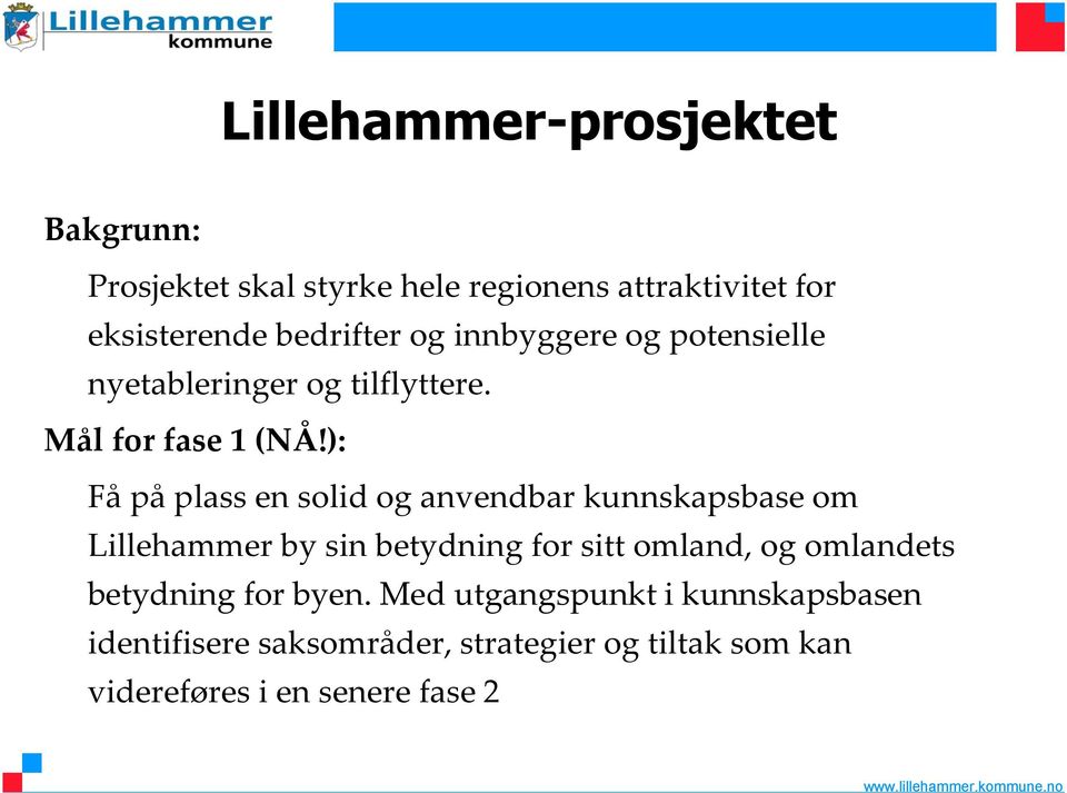 ): Få på plass en solid og anvendbar kunnskapsbase om Lillehammer by sin betydning for sitt omland, og