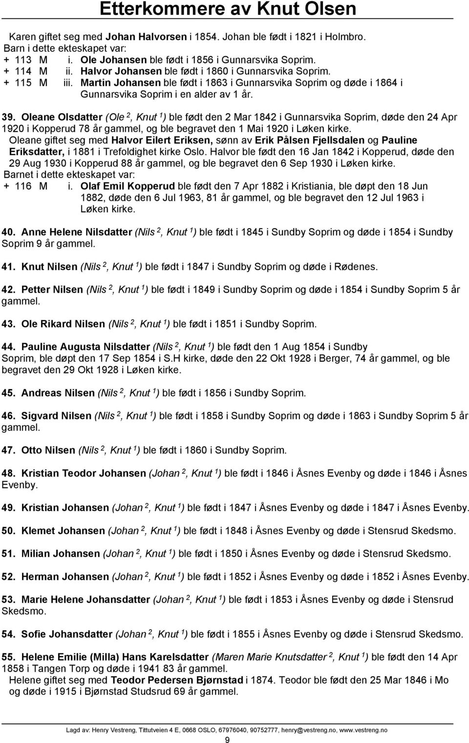 Oleane Olsdatter (Ole 2, Knut 1 ) ble født den 2 Mar 1842 i Gunnarsvika Soprim, døde den 24 Apr 1920 i Kopperud 78 år gammel, og ble begravet den 1 Mai 1920 i Løken kirke.