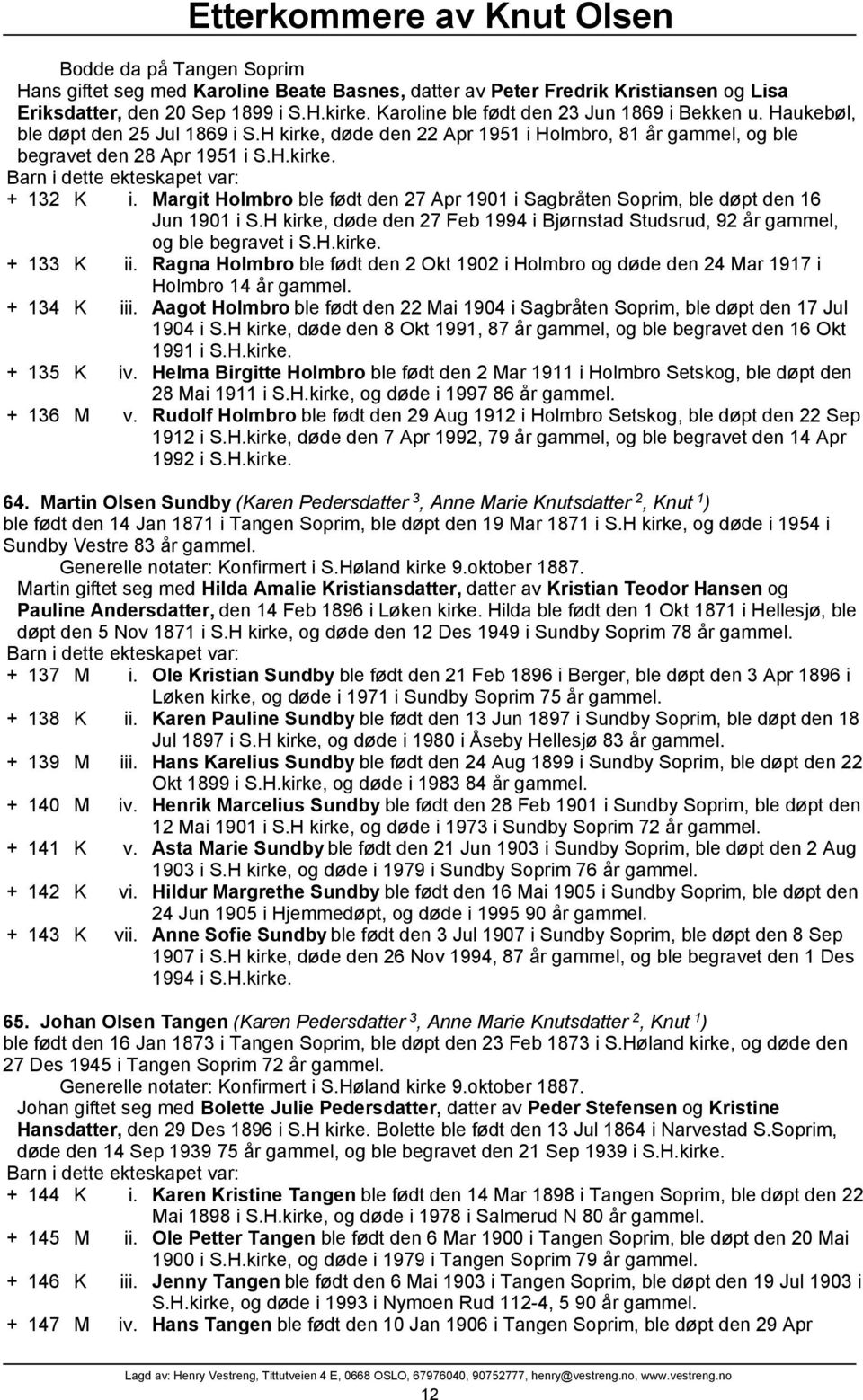 Margit Holmbro ble født den 27 Apr 1901 i Sagbråten Soprim, ble døpt den 16 Jun 1901 i S.H kirke, døde den 27 Feb 1994 i Bjørnstad Studsrud, 92 år gammel, og ble begravet i S.H.kirke. + 133 K ii.