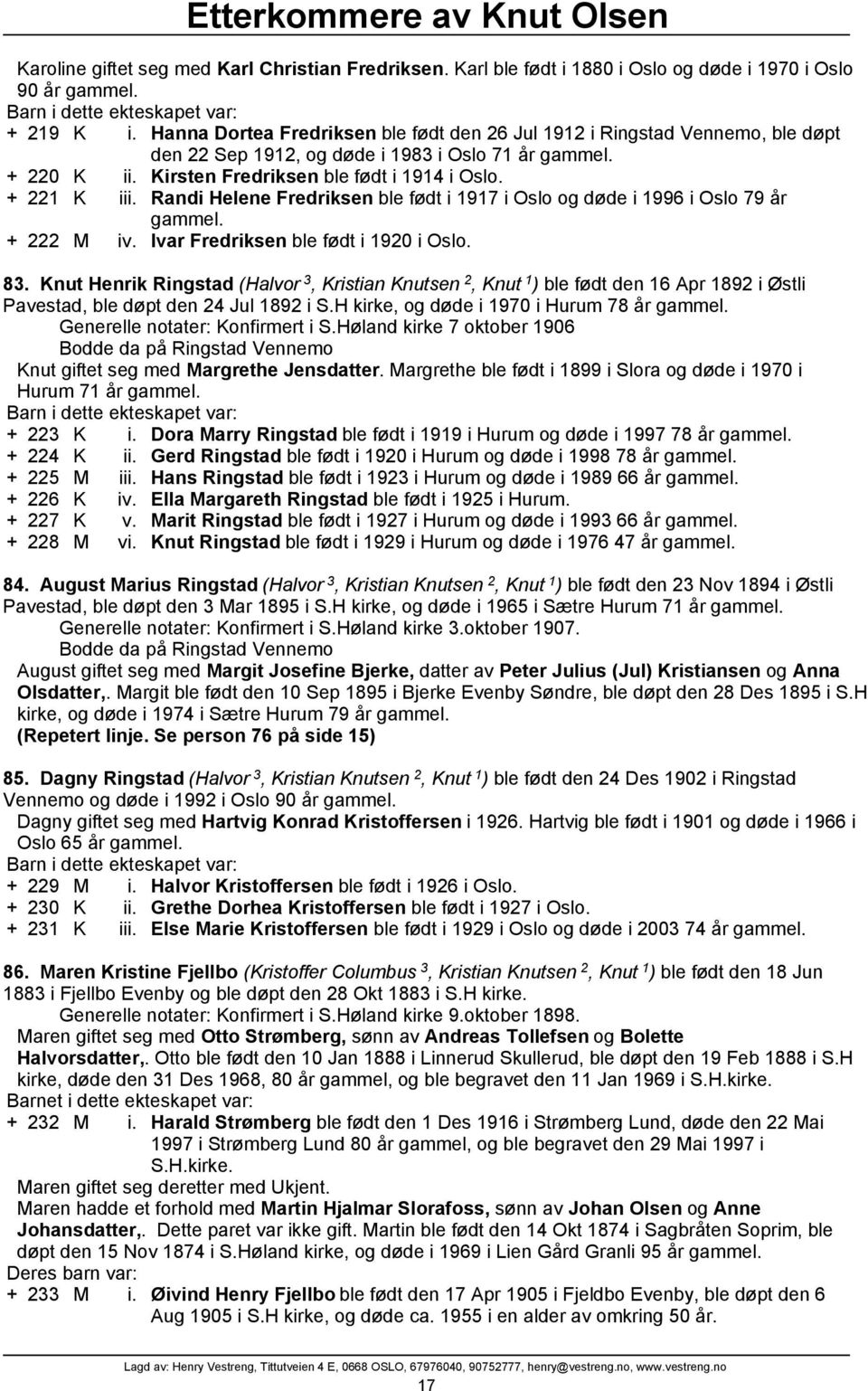 Randi Helene Fredriksen ble født i 1917 i Oslo og døde i 1996 i Oslo 79 år gammel. + 222 M iv. Ivar Fredriksen ble født i 1920 i Oslo. 83.