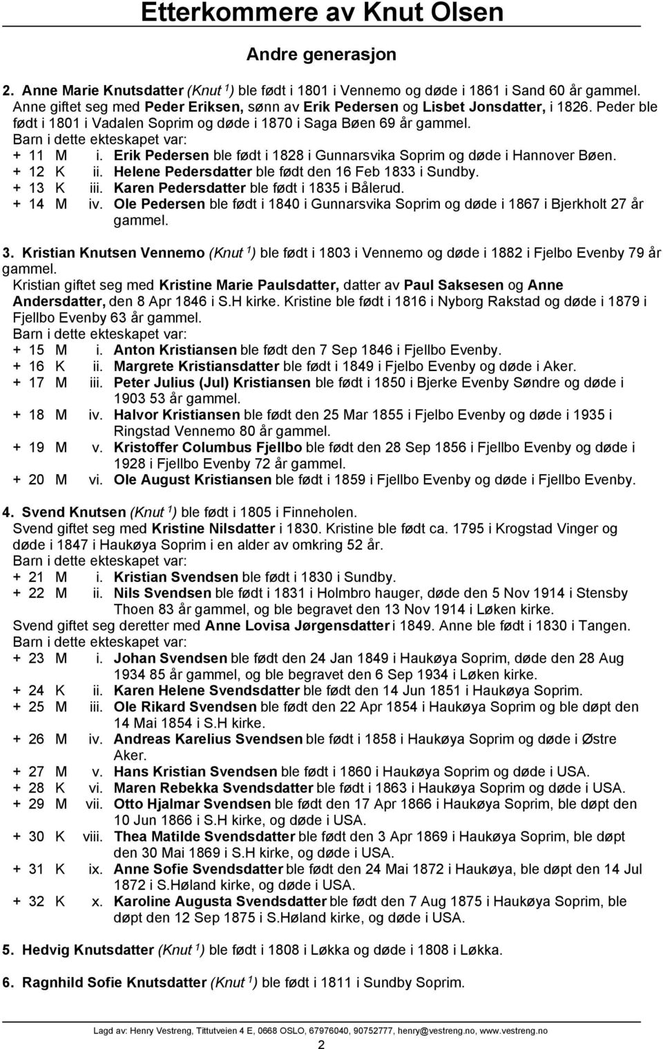 Erik Pedersen ble født i 1828 i Gunnarsvika Soprim og døde i Hannover Bøen. + 12 K ii. Helene Pedersdatter ble født den 16 Feb 1833 i Sundby. + 13 K iii. Karen Pedersdatter ble født i 1835 i Bålerud.