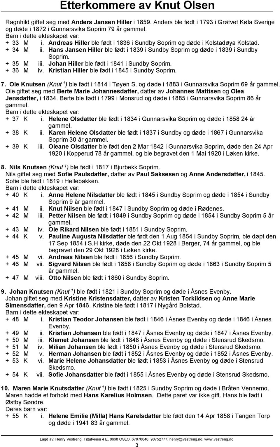 Johan Hiller ble født i 1841 i Sundby Soprim. + 36 M iv. Kristian Hiller ble født i 1845 i Sundby Soprim. 7. Ole Knutsen (Knut 1 ) ble født i 1814 i Tøyen S.