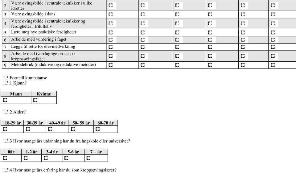 kroppsøvingsfaget 9 Metodebruk (induktive og deduktive metoder) 1.3 Formell kompetanse 1.3.1 Kjønn? Mann Kvinne 1.3.2 Alder?