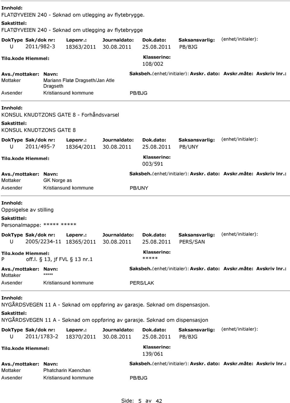 /mottaker: Navn: Saksbeh. vskr. dato: vskr.måte: vskriv lnr.: Mottaker GK Norge as PB/NY Oppsigelse av stilling Personalmappe: 2005/2234-11 18365/2011 25.08.2011 P off.l. 13, jf FVL 13 nr.1 vs.