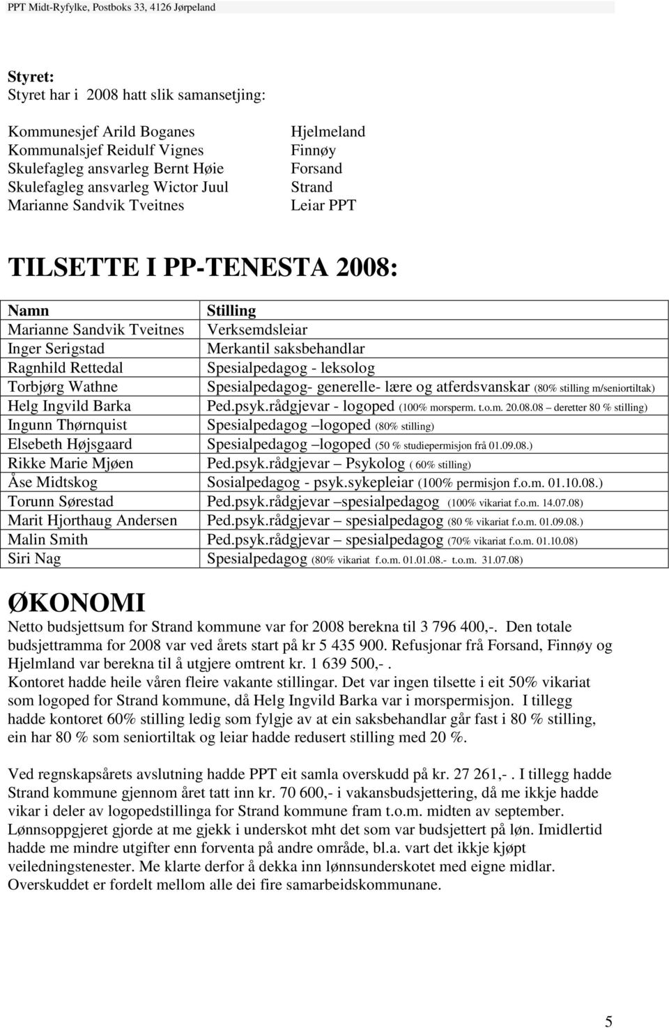 - leksolog Torbjørg Wathne Spesialpedagog- generelle- lære og atferdsvanskar (80% stilling m/seniortiltak) Helg Ingvild Barka Ped.psyk.rådgjevar - logoped (100% morsperm. t.o.m. 20.08.