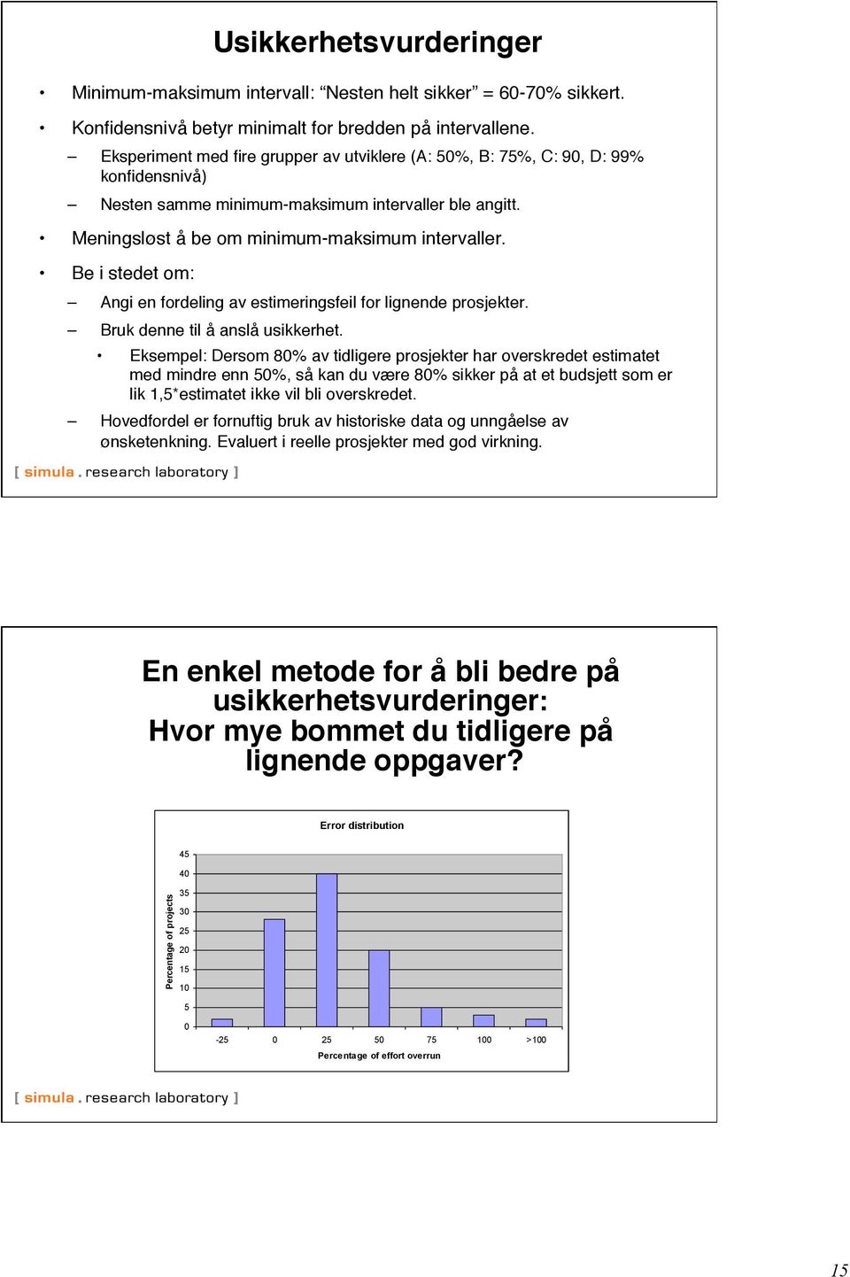 " Be i stedet om:" Angi en fordeling av estimeringsfeil for lignende prosjekter." Bruk denne til å anslå usikkerhet.