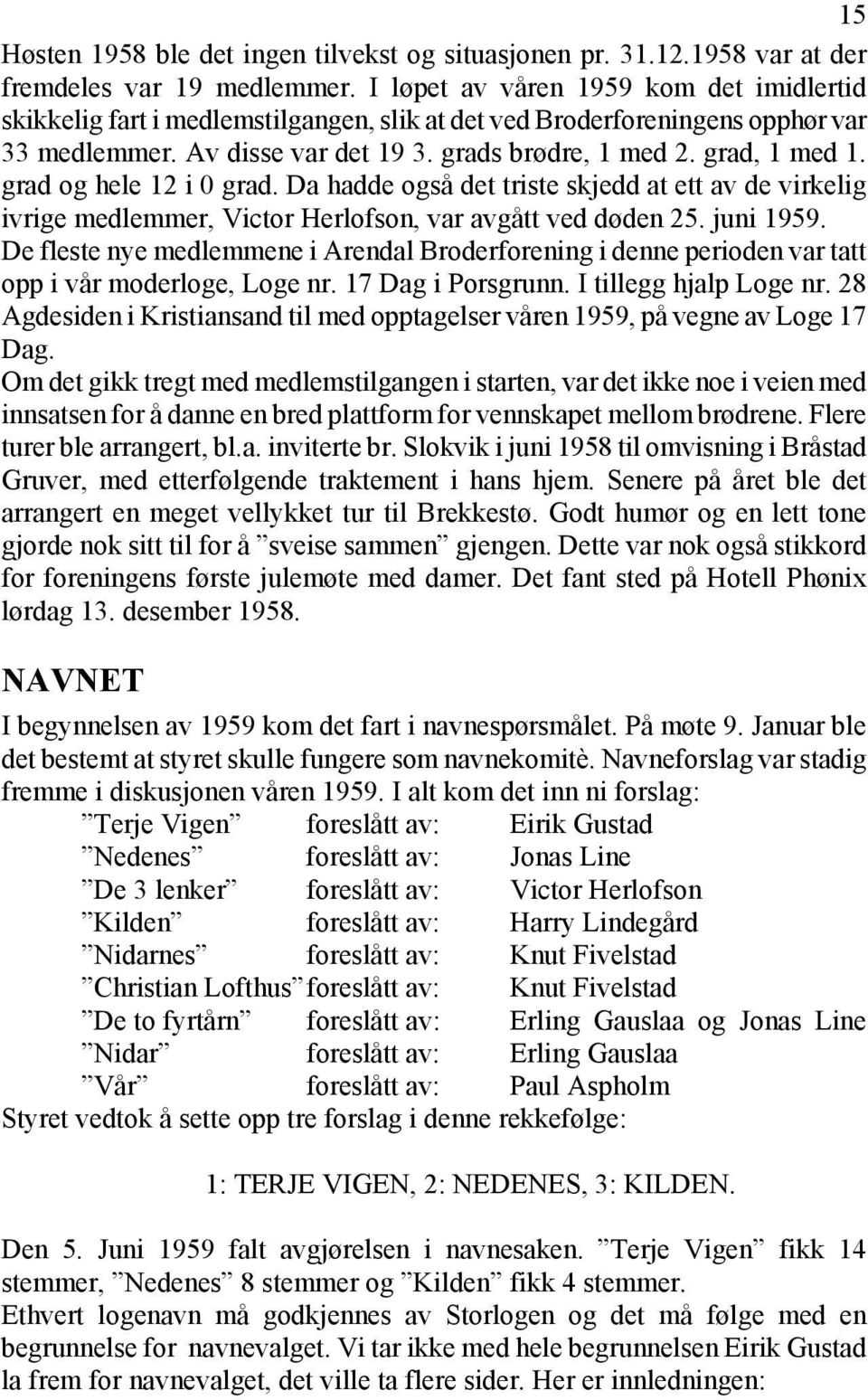 grad og hele 12 i 0 grad. Da hadde også det triste skjedd at ett av de virkelig ivrige medlemmer, Victor Herlofson, var avgått ved døden 25. juni 1959.