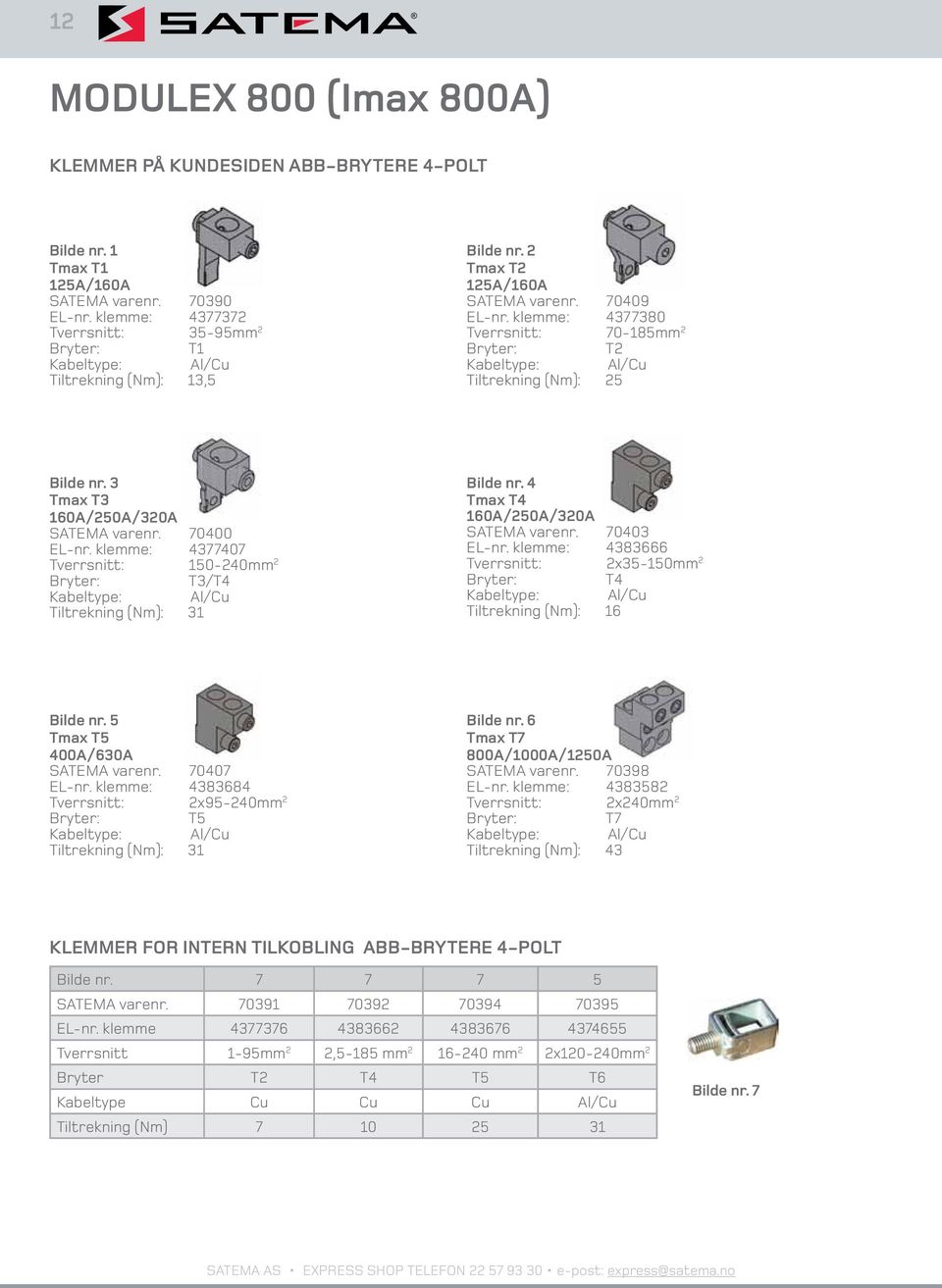 klemme: 4377380 Tverrsnitt: 70-185mm 2 Bryter: T2 Kabeltype: Al/Cu Tiltrekning (Nm): 25 Bilde nr. 3 Tmax T3 160A/250A/320A SATEMA varenr. 70400 EL-nr.