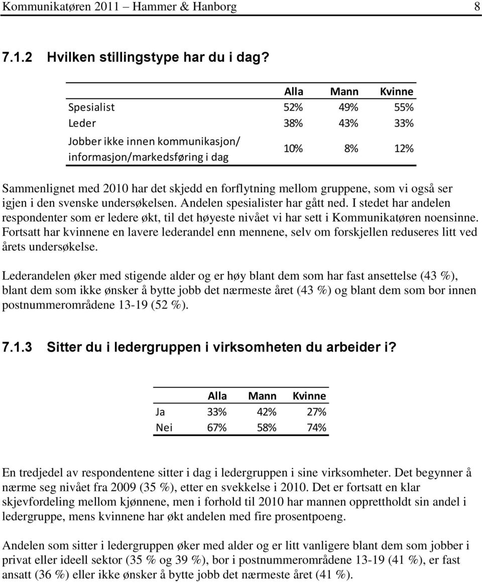 ser igjen i den svenske undersøkelsen. Andelen spesialister har gått ned. I stedet har andelen respondenter som er ledere økt, til det høyeste nivået vi har sett i Kommunikatøren noensinne.