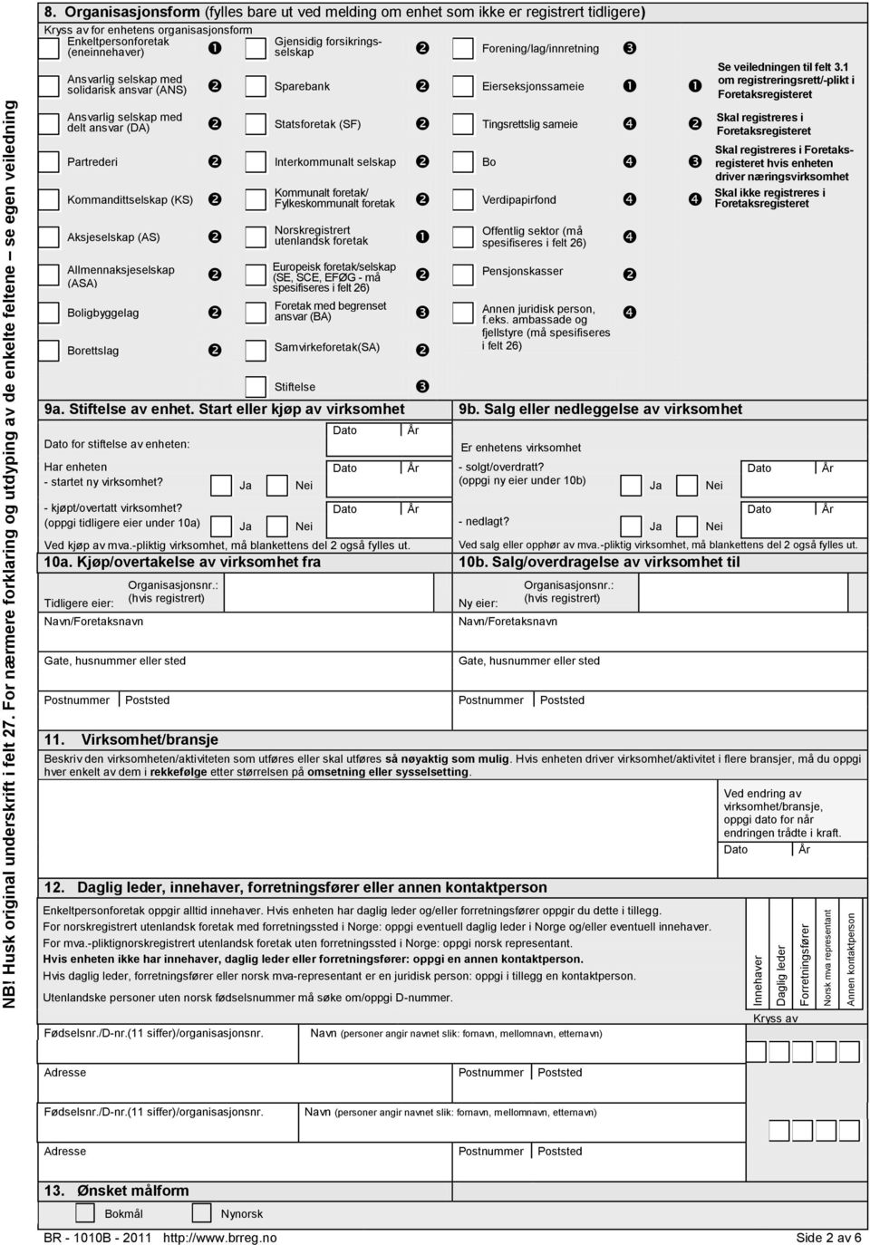 Forening/lag/innretning Ansvarlig selskap med solidarisk ansvar (ANS) Sparebank Eierseksjonssameie Ansvarlig selskap med delt ansvar (DA) Statsforetak (SF) Tingsrettslig sameie Partrederi